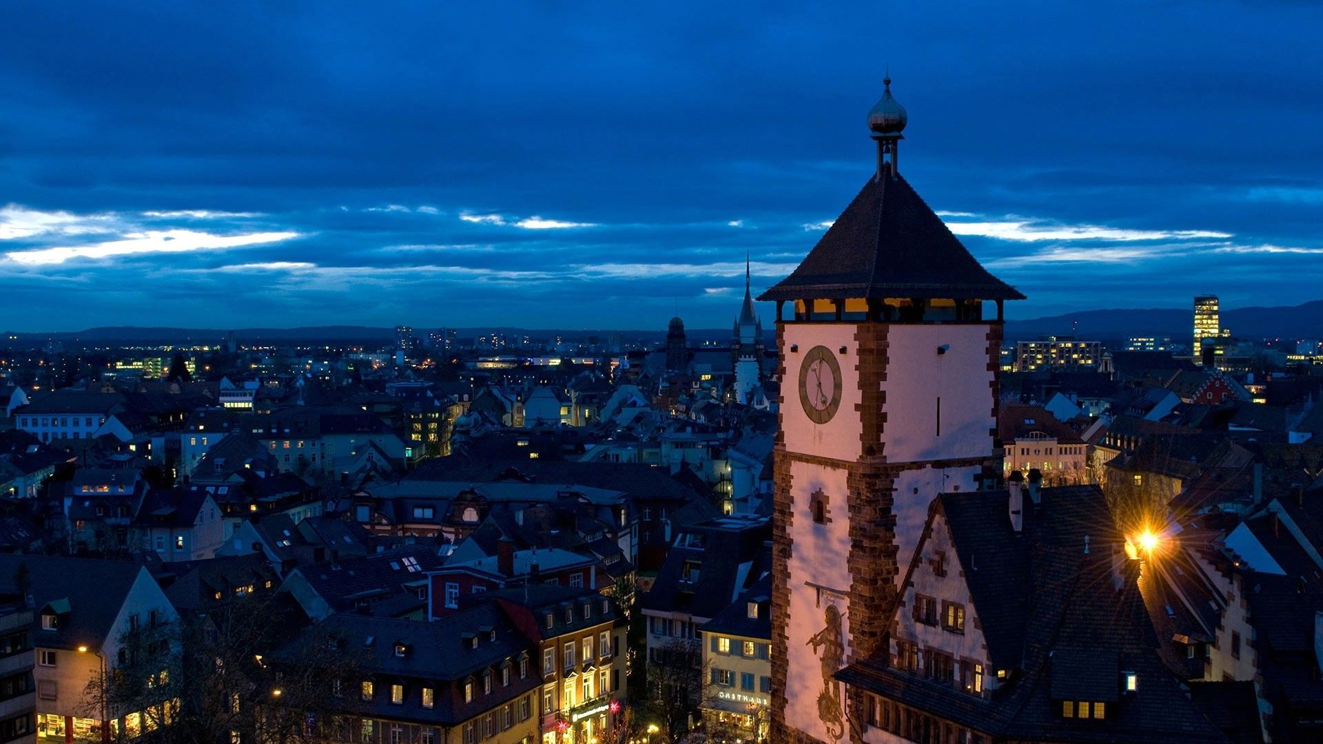 1920x1080 Wallpaper / Lights, Panorama, 1080P, Tower, Baden Württemberg, Germany, Night, Freiburg Free Download