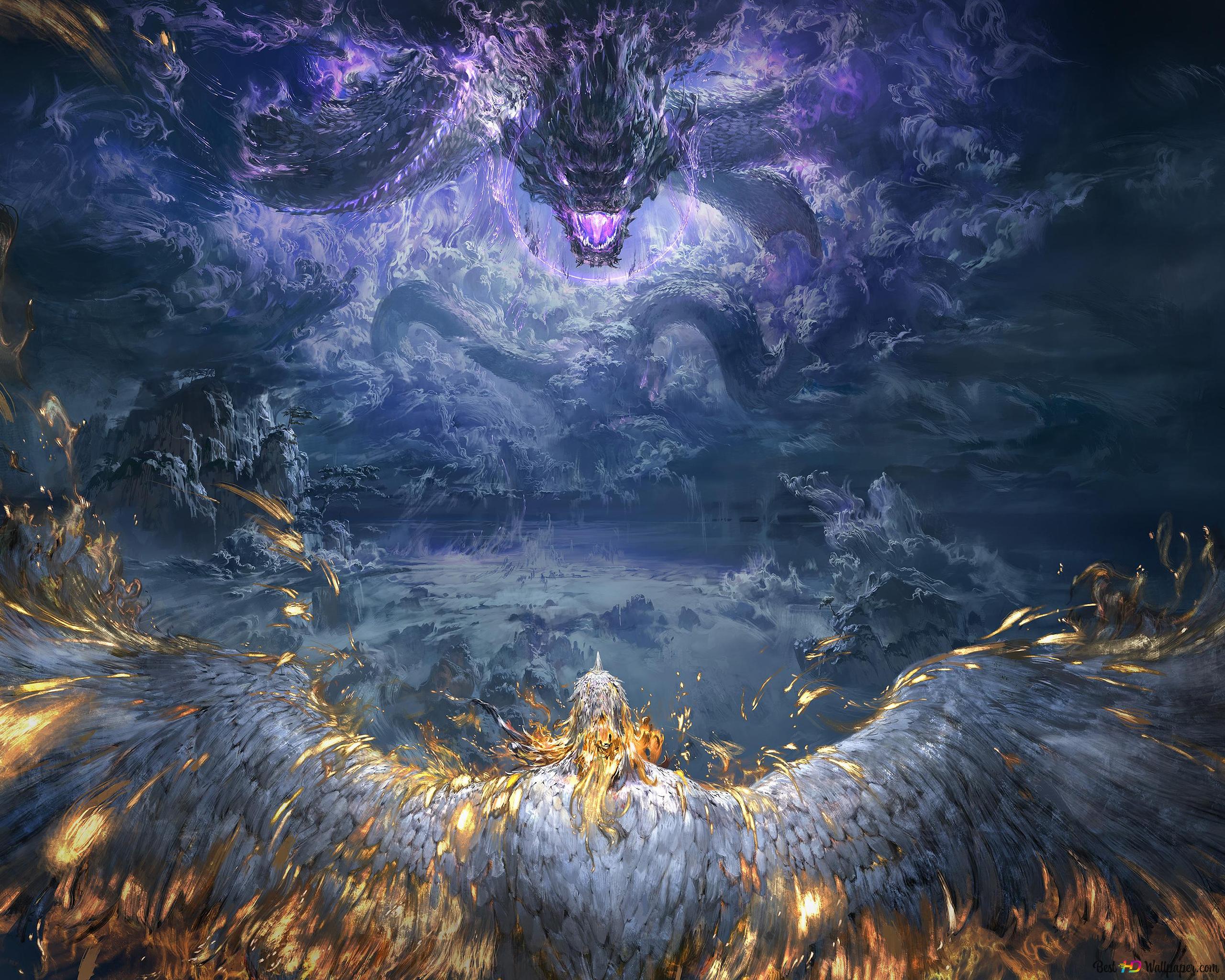 2560x2048 Chinese Dragon vs Phoenix 4K wallpaper download