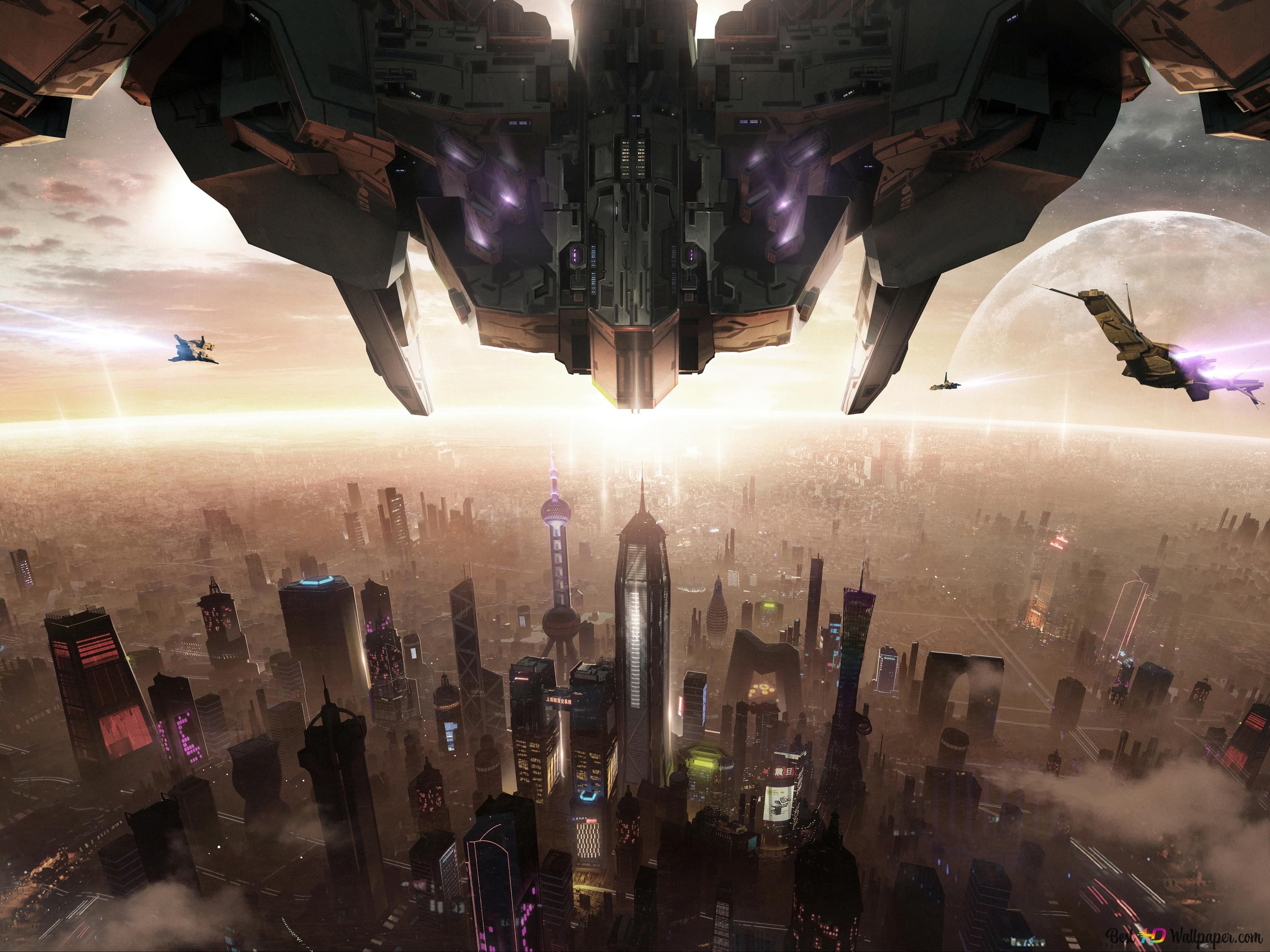 3200x2400 Warplane and sunny cloudy sky over city buildings for fog 4K wallpaper download