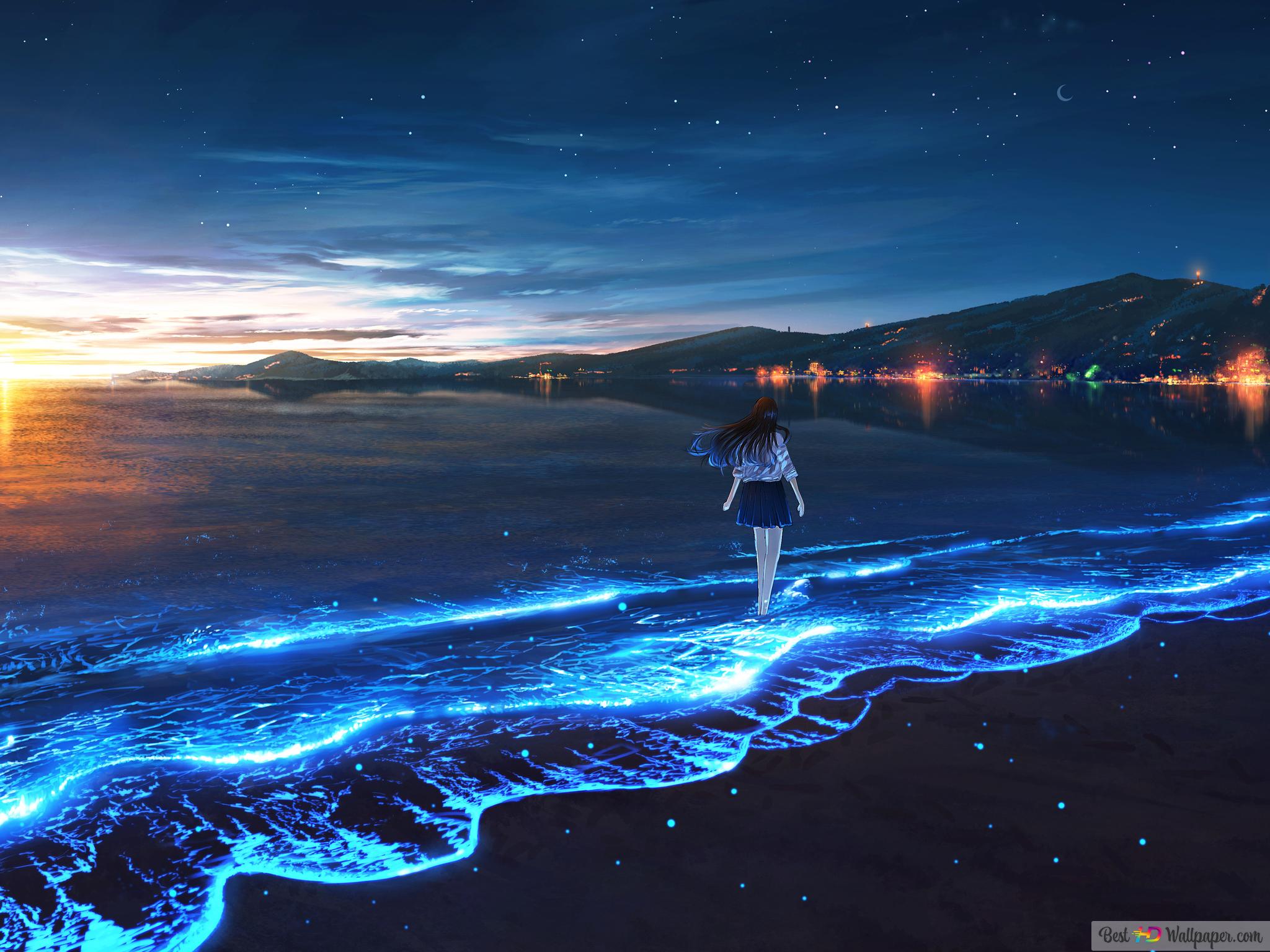 2048x1536 Anime Girl Beach Water Wave 4K wallpaper download