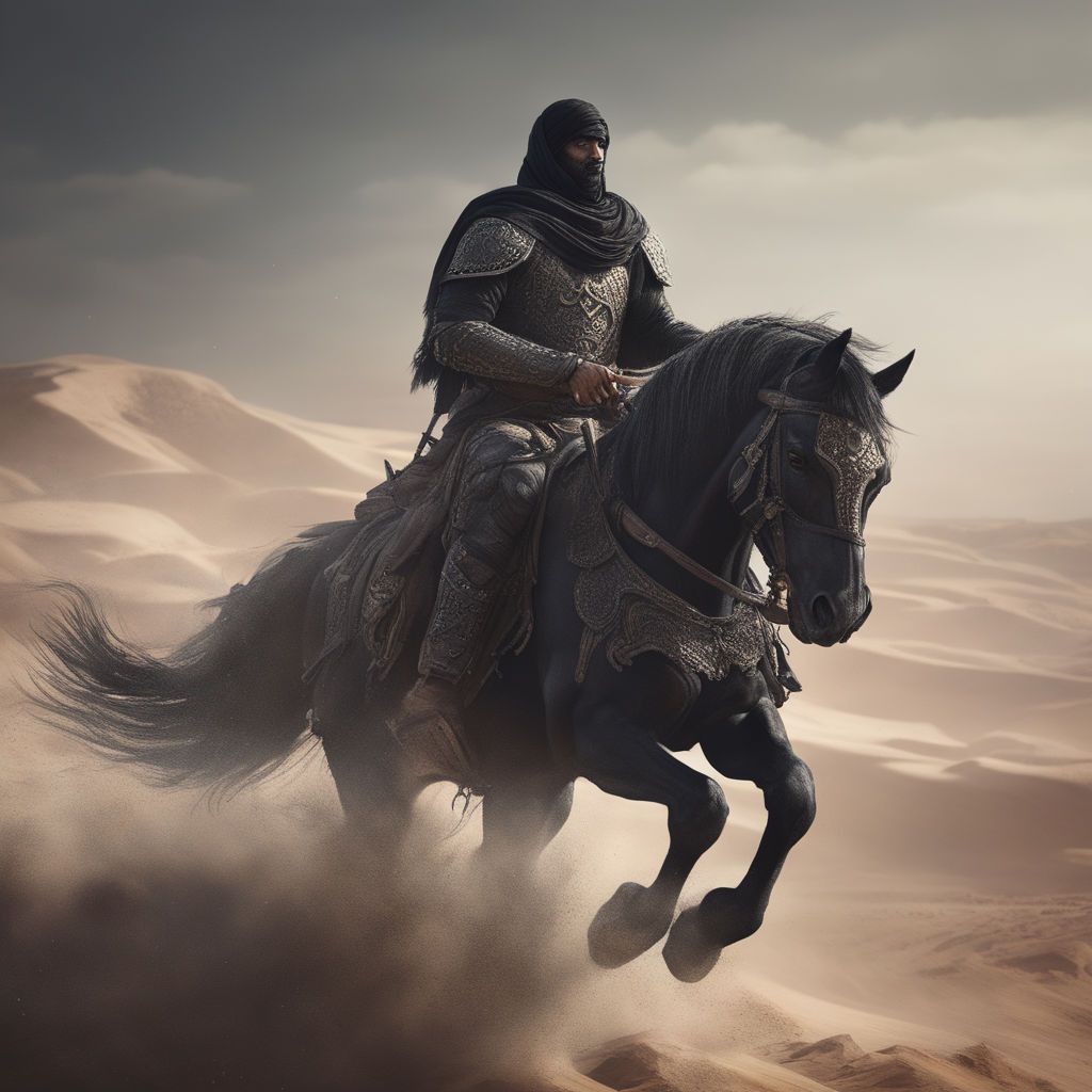 1024x1024 muslim warrior on a horse in a desert