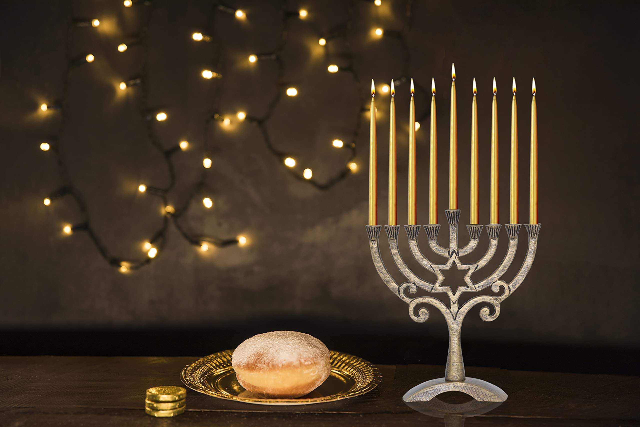 2560x1707 Vintage Aluminum Candle Menorah all Standard Chanukah Candles Star Design with Antique Gold Finish: Home & Kitchen