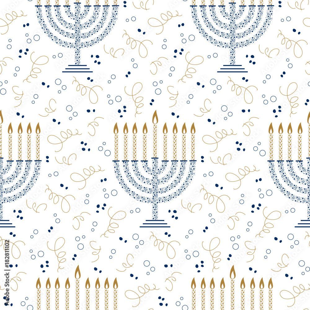 1000x1000 Hanukkah menorah seamless pattern. Blue and gold patterned menorah with small festive elements on white background. Simple creative vector design for holiday background, banner, wallpaper, giftwrap. Stock Vector