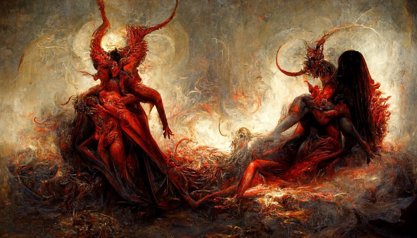 1344x768 prompthunt: the Demon Lilith and Archangel Samael