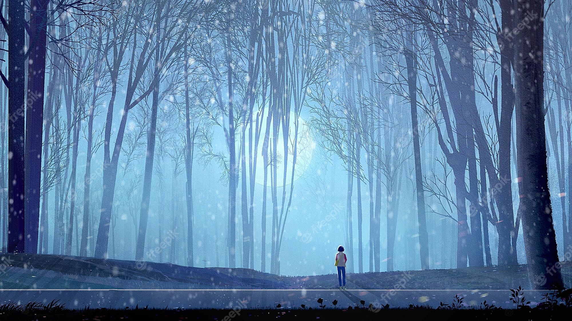 2000x1125 Premium Photo. Twilight forest in winter illustration hand drawn digital art, digital painting