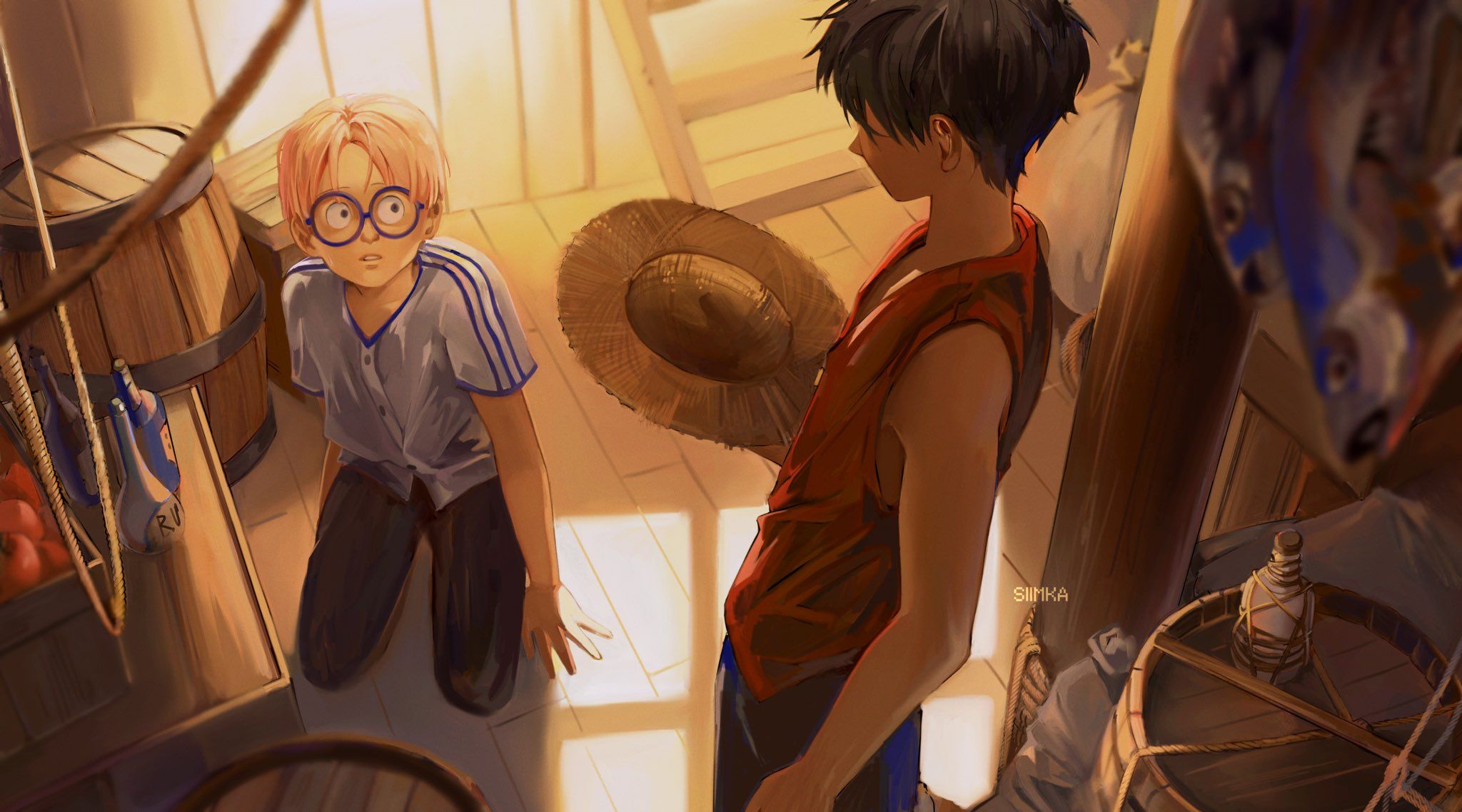2048x1138 monkey d. luffy and coby (one piece) drawn