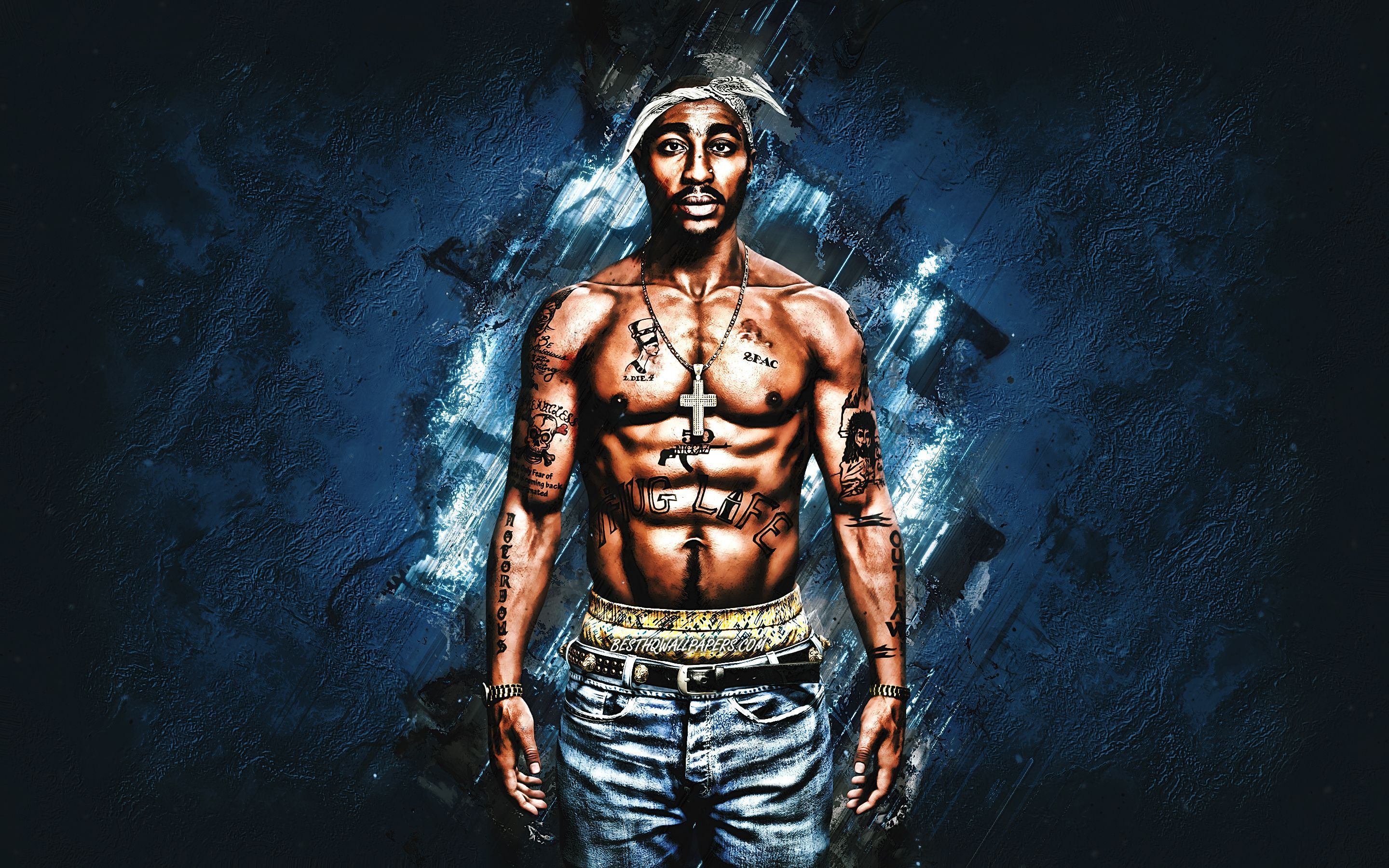 2880x1800 Download wallpaper 2Pac, Tupac Shakur, Lesane Parish Crooks, Makaveli, American rapper, portrait, blue stone background for desktop with resolution 2880x1800. High Quality HD picture wallpaper