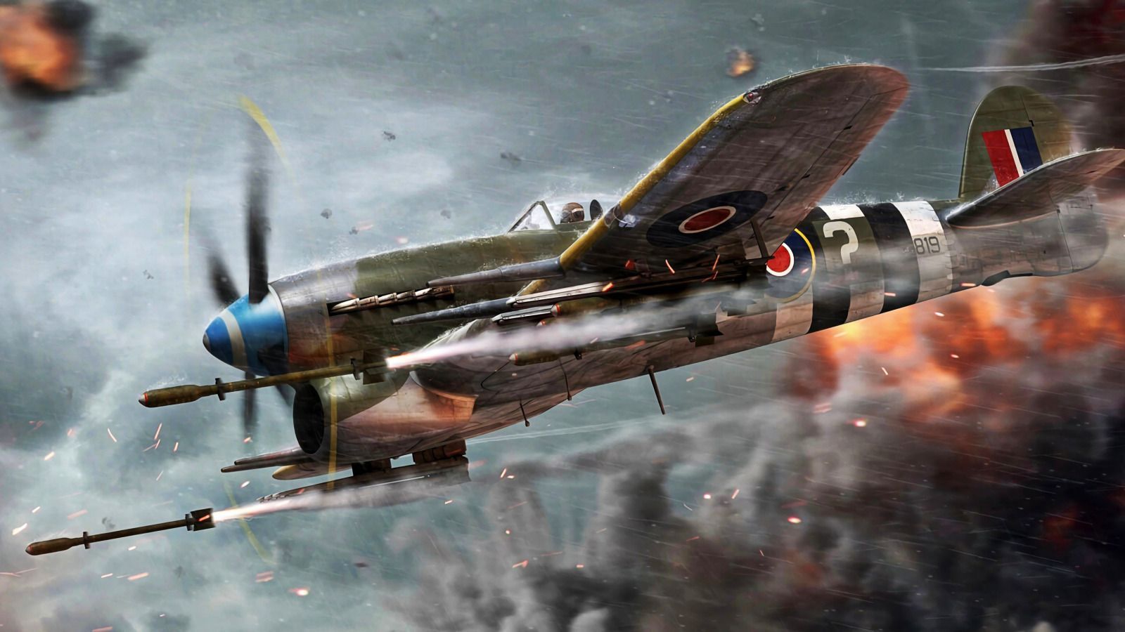 1600x900 Download wallpaper RAF, Typhoon, Hawker Typhoon Mk.IB, Unguided rocket projectile, RP- section aviation in resolution 1600x900