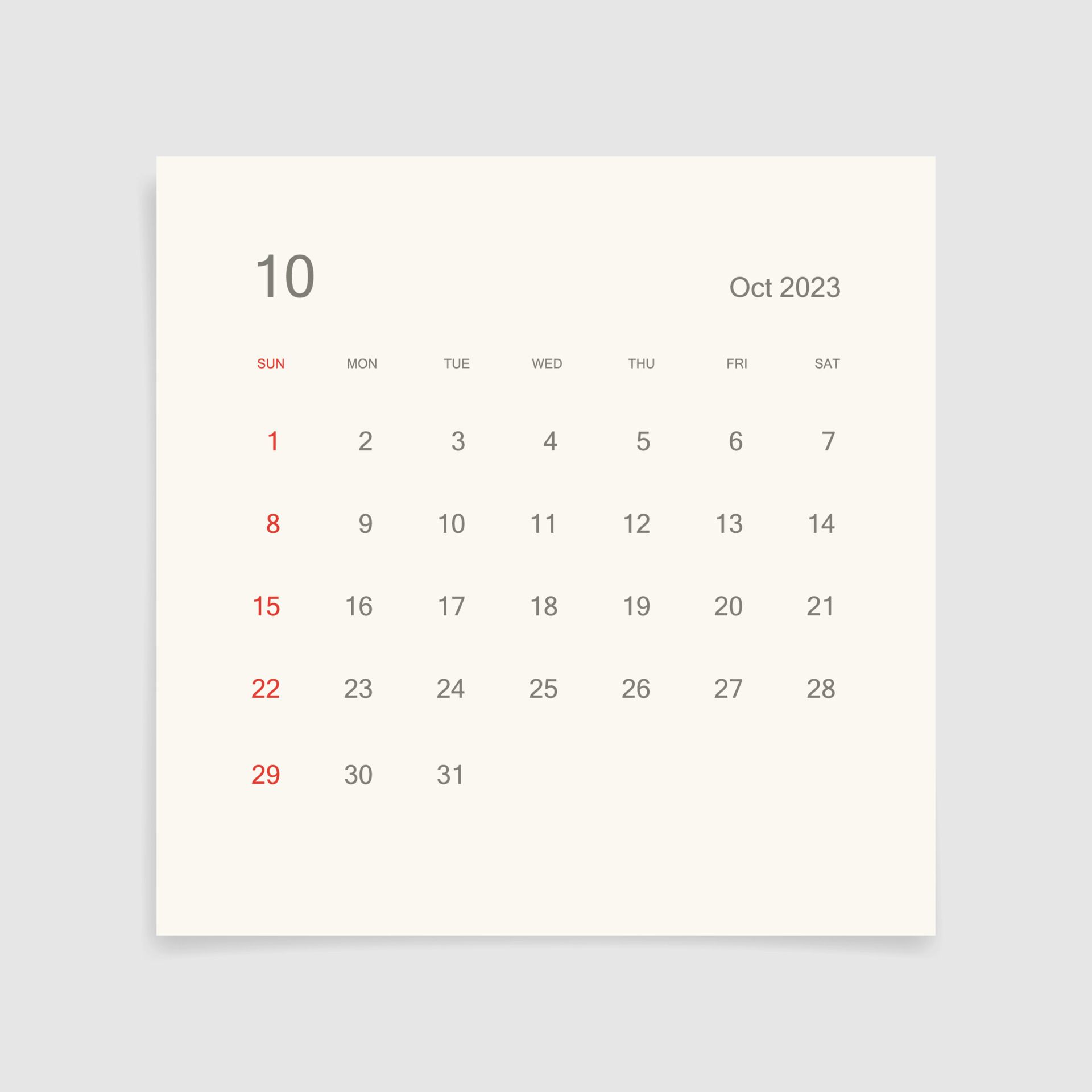 1920x1920 October 2023 calendar page on white background. Calendar background for reminder, business planning, appointment meeting and event. Week starts from Sunday. Vector