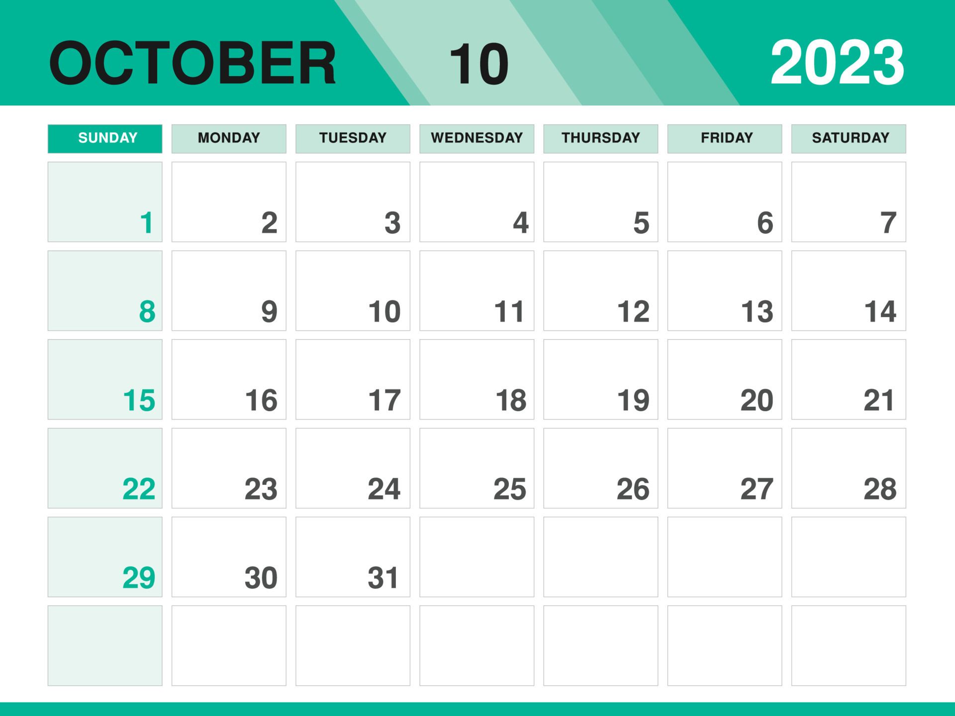 1920x1440 October 2023 template, Calendar 2023 template vector, planner monthly design, Desk calendar Wall calendar design, Minimal style, advertisement, poster, printing media, green background concept