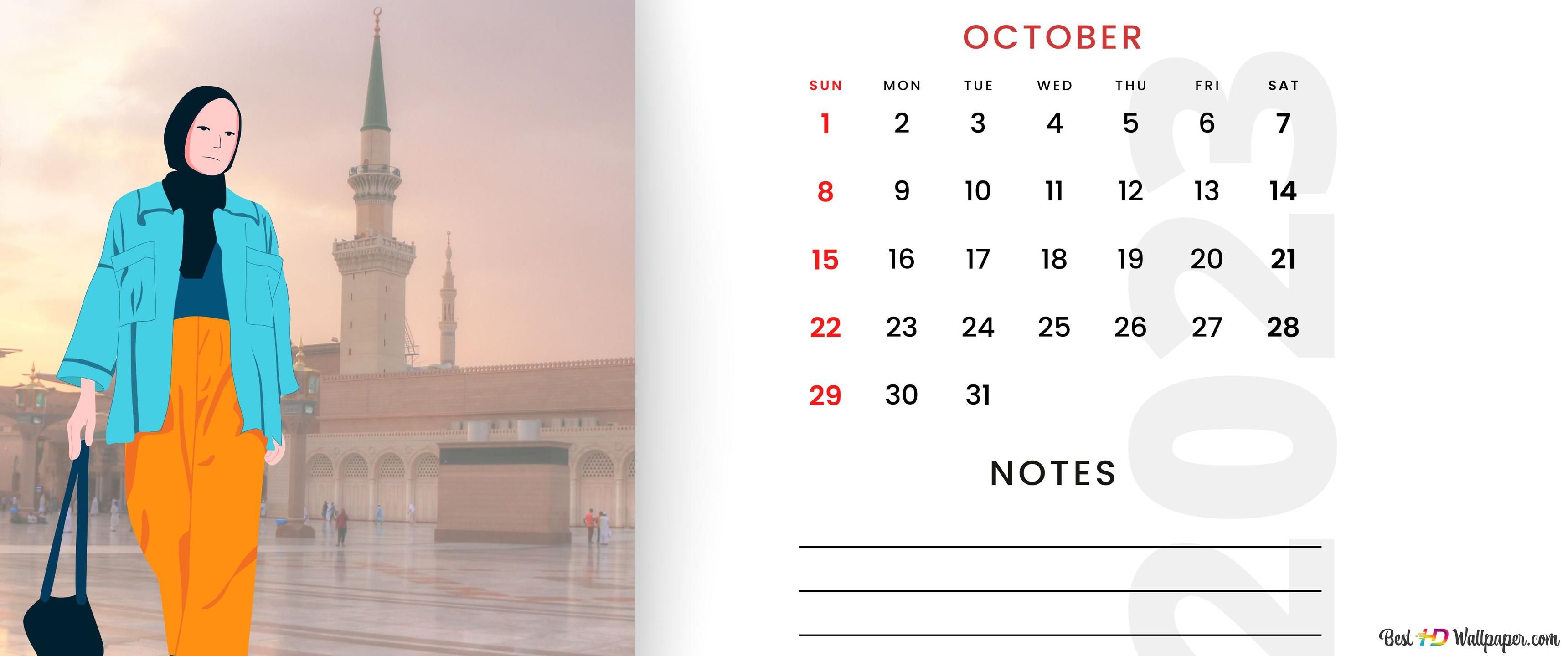 3440x1440 Desktop PC/ Laptop Calendar OCTOBER 2023 woman 4K wallpaper download
