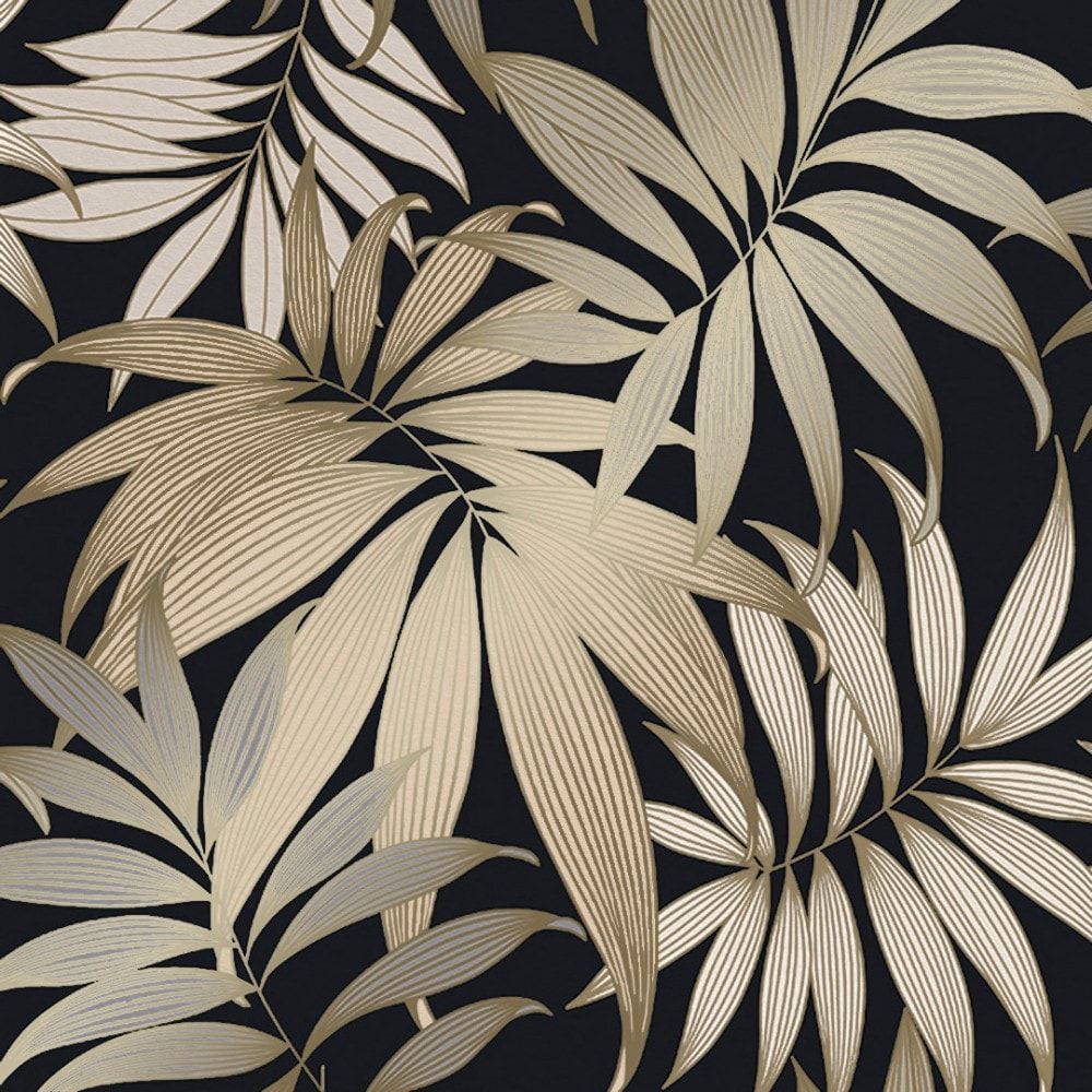 1000x1000 Grand Bahama Tropical Leaf wallpaper in black & gold. I Love Wallpaper
