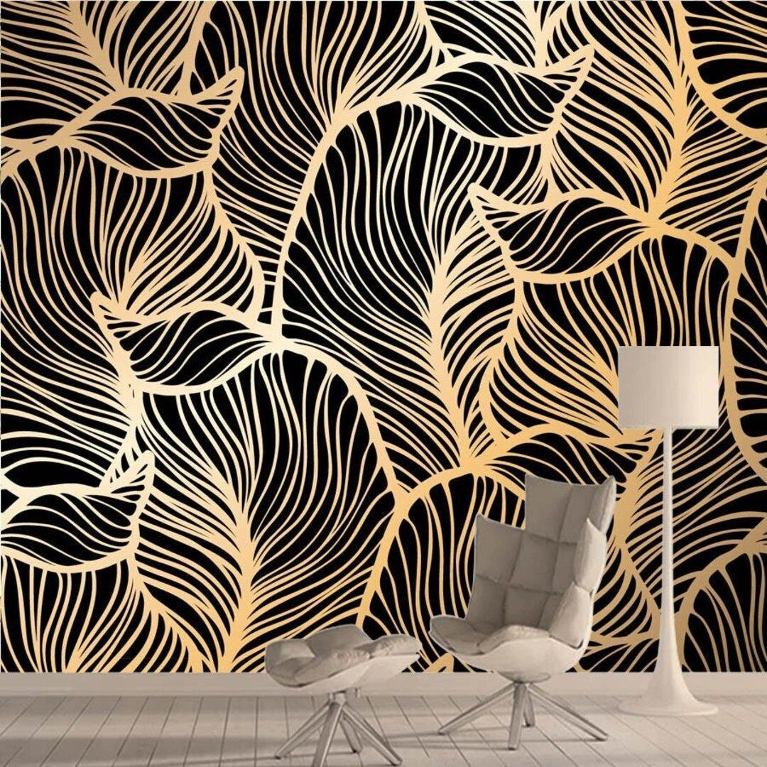1080x1080 Golden Leaves on Black Background Wallpaper Modern Wall Decor