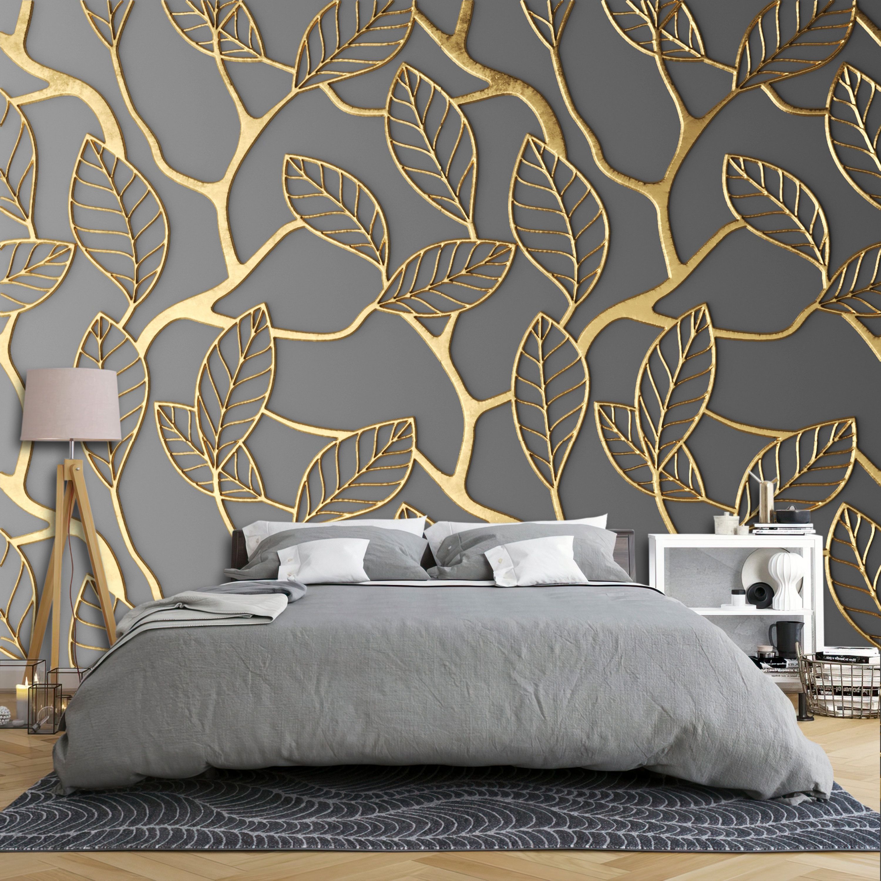 3000x3000 3D Wallpaper Golden Leaves and Branches on a Gray Background