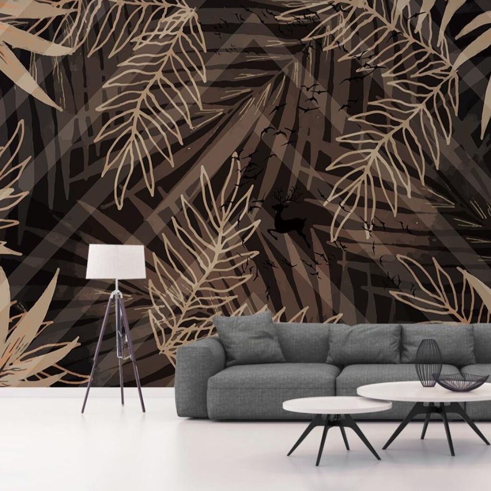 993x993 Custom Wallpaper Mural Vintage Golden Tropical Leaves