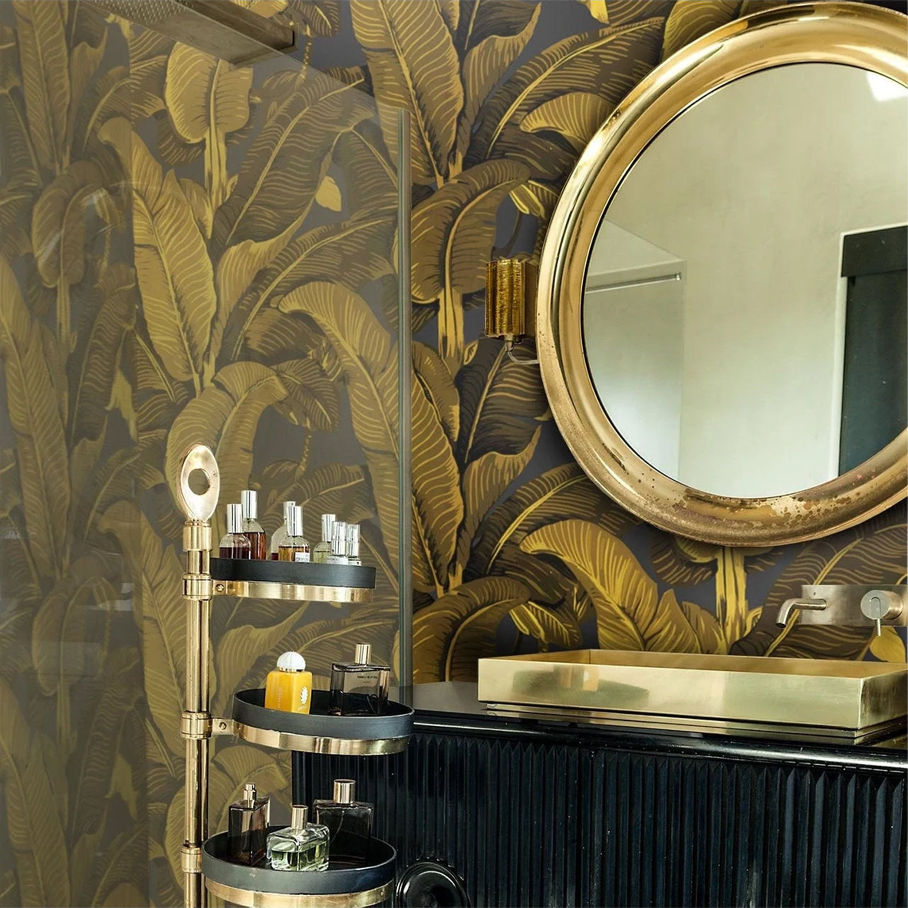 3000x3000 Gold Banana Leaves Wallpaper, Golden Palm Tropical Wall Art for Tiki Decor