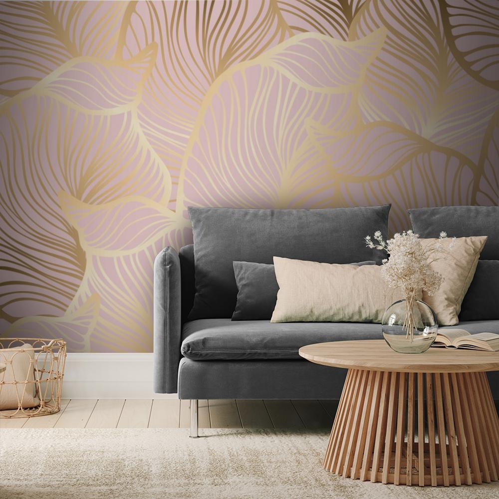 1000x1000 Golden Leaves on Powder Pink Wallpaper wallpaper by Wallvy. Worldwide shipping!