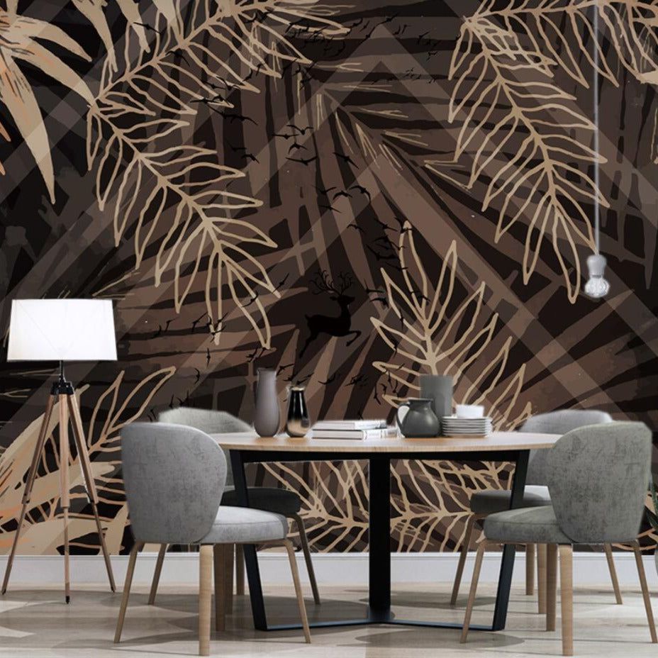 928x928 Custom Wallpaper Mural Vintage Golden Tropical Leaves
