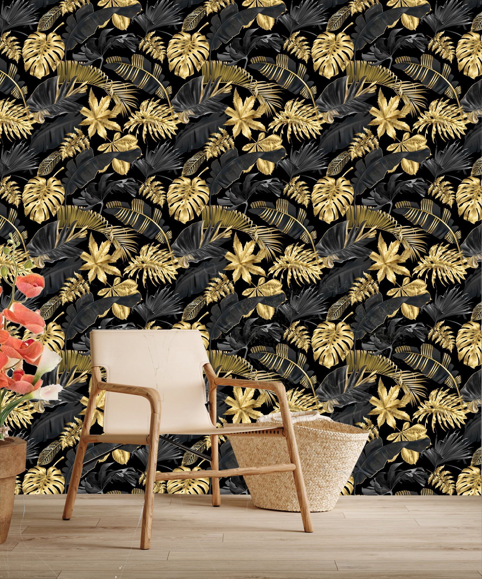 1667x2000 MuralsPrint Golden Leaf Wallpaper, Peel and Stick Wallpaper, Black and Gold, 10' L x 24'' W, Removable Wallpaper