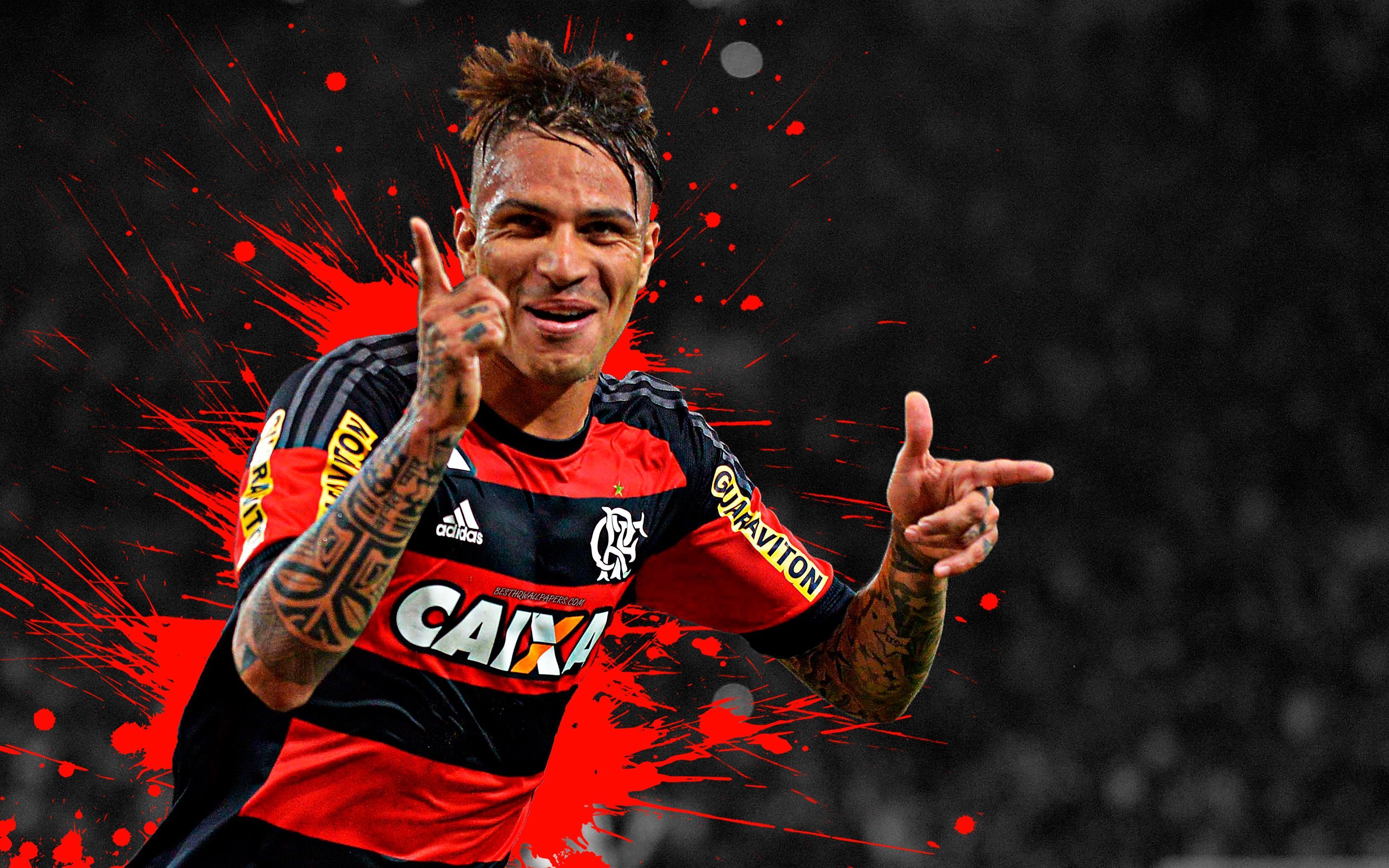 3840x2400 Download wallpaper Paolo Guerrero, 4k, Flamengo FC, Clube de Regatas do Flamengo, art, splashes of paint, grunge art, Peruvian footballer, creative art, Serie A, Brazil, football, Jose Paolo Guerrero Gonzales for desktop