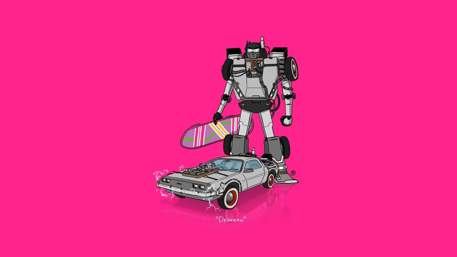 1920x1080 Wallpaper / Transformers, illustration, colored background, DeLorean, 1080P, business, pink, gray, Back to the Future, hoverboard, complexity, pink color, crossover free download