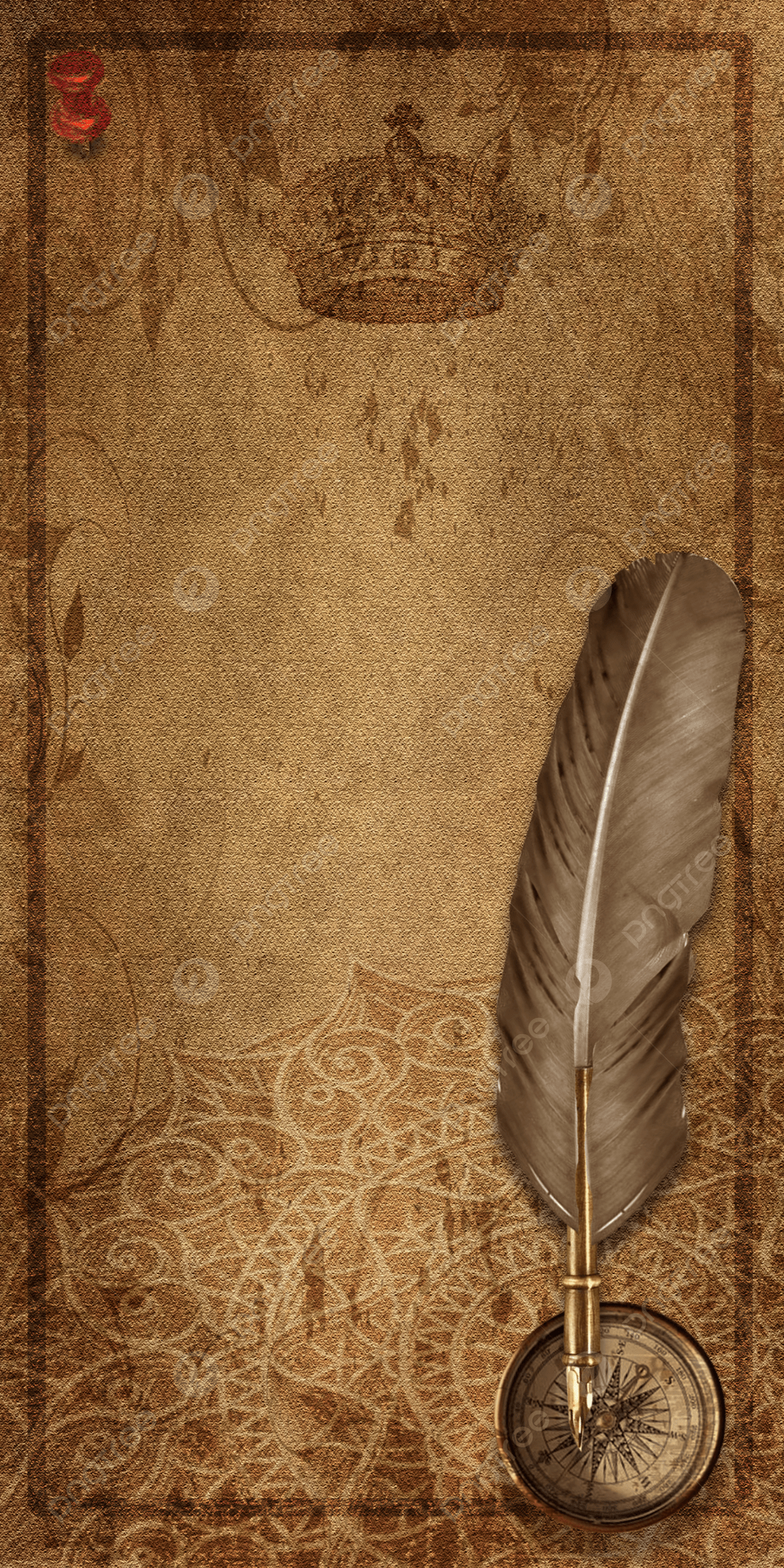 1200x2400 Feather Pen With Compass On Vintage Paper Background Wallpaper Image For Free Download