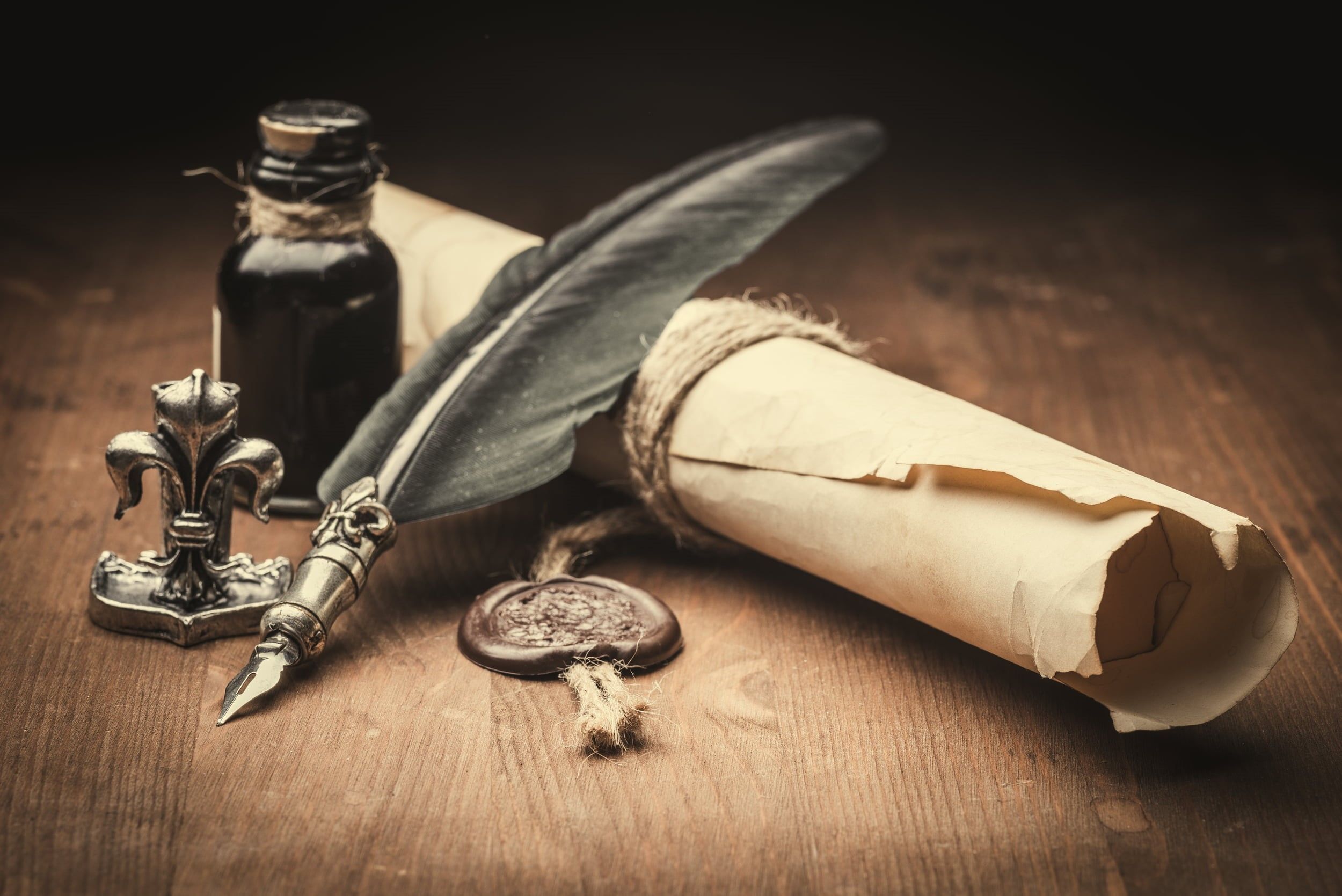 2500x1669 Wallpaper / Quill Pen, Glass, Cork, Corkscrew, Old, Still Life, Food, Letter, The Past, Metal, Table, Close Up, Feather, Wellbeing, Wood Free Download