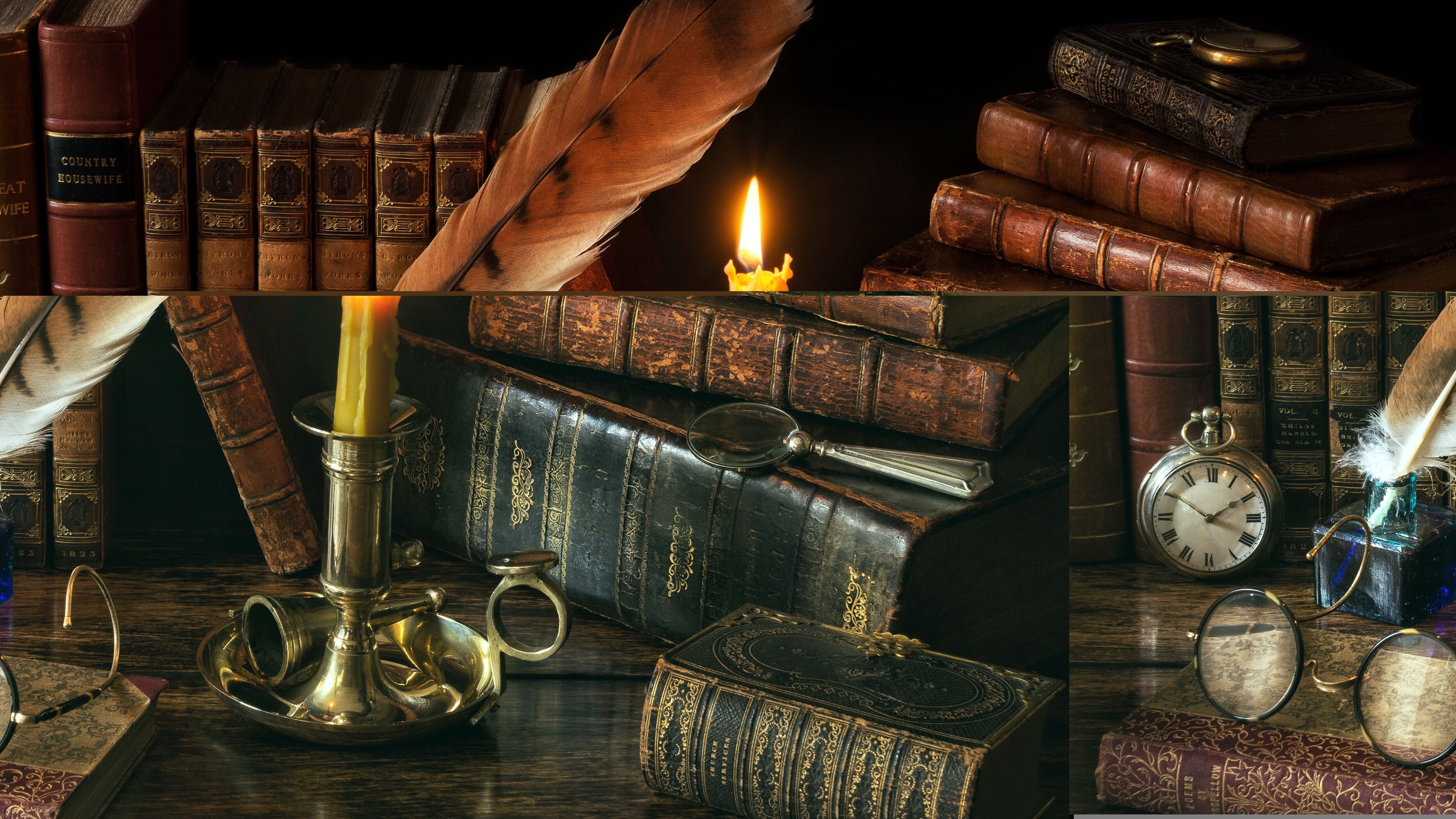 5120x2880 Wallpaper Still life, books, candle, flame, glasses, clock, feather pen 5120x2880 UHD 5K Picture, Image