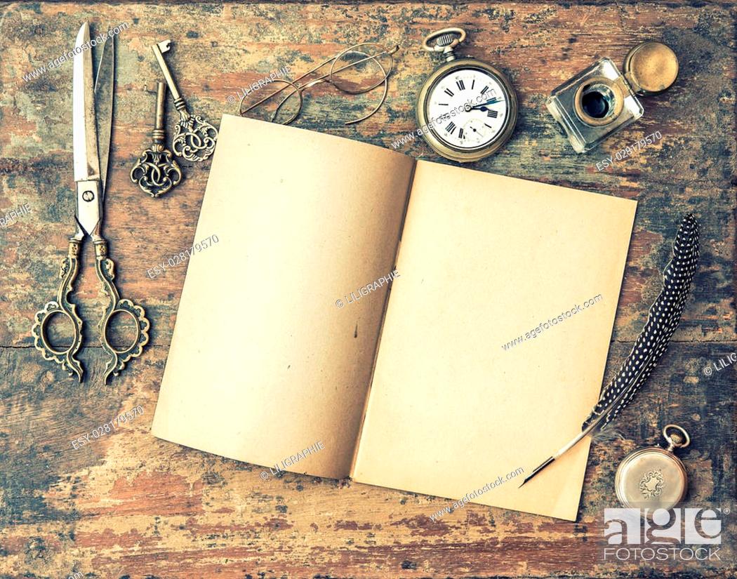 1050x825 Open Journal Book And Vintage Writing Tools On Wooden Table, , Picture And Low Budget Royalty Free Image. Pic. ESY 028179570