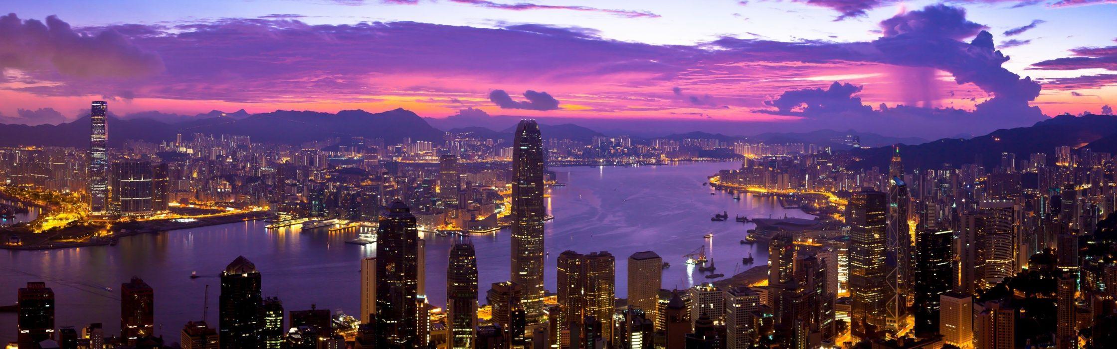 2240x700 Mountains lights city skyscrapers hong kong wallpaperx1200