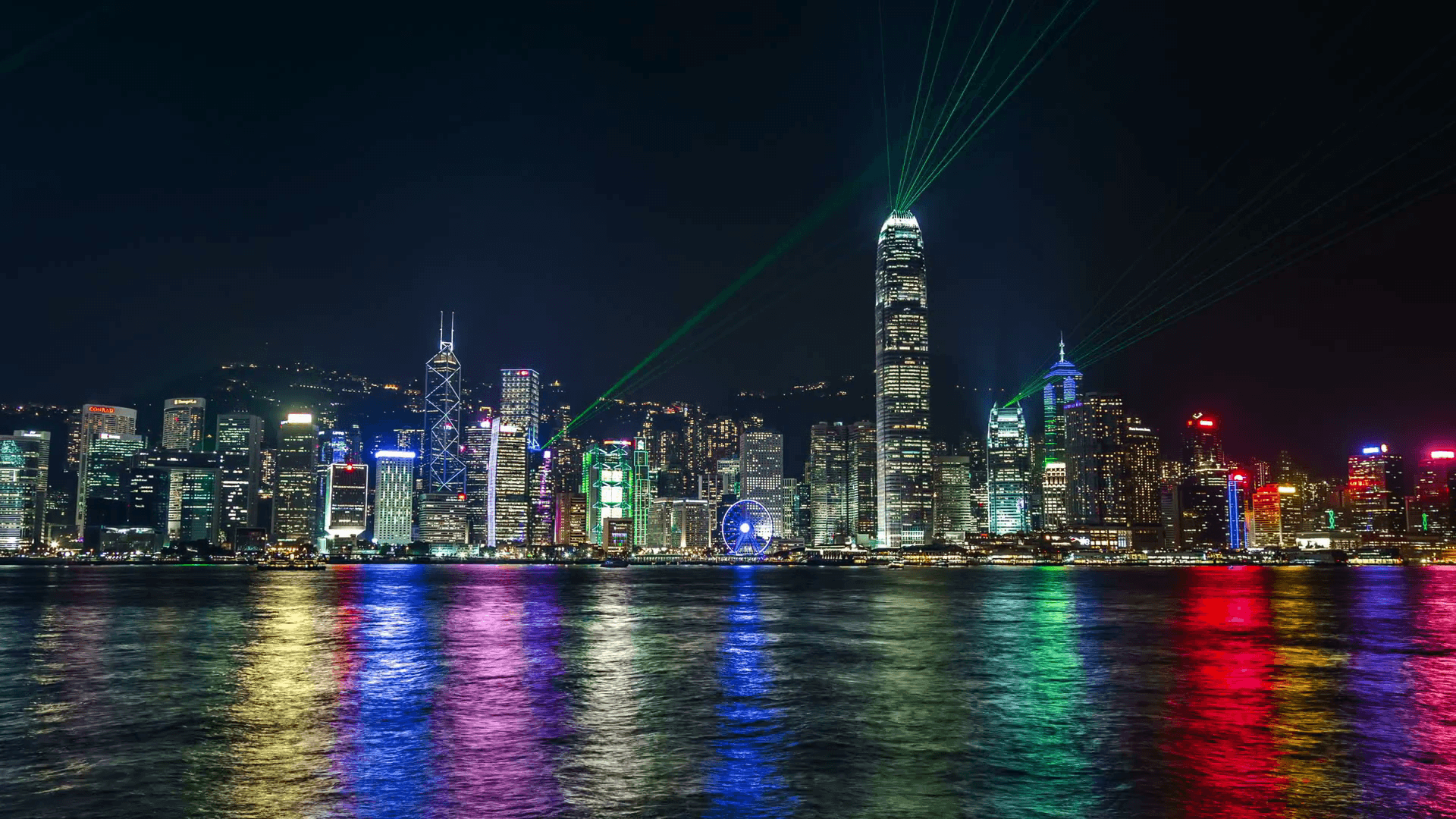 1920x1080 Beautiful laser night show scenery of Hong Kong Victoria Harbor. 4K