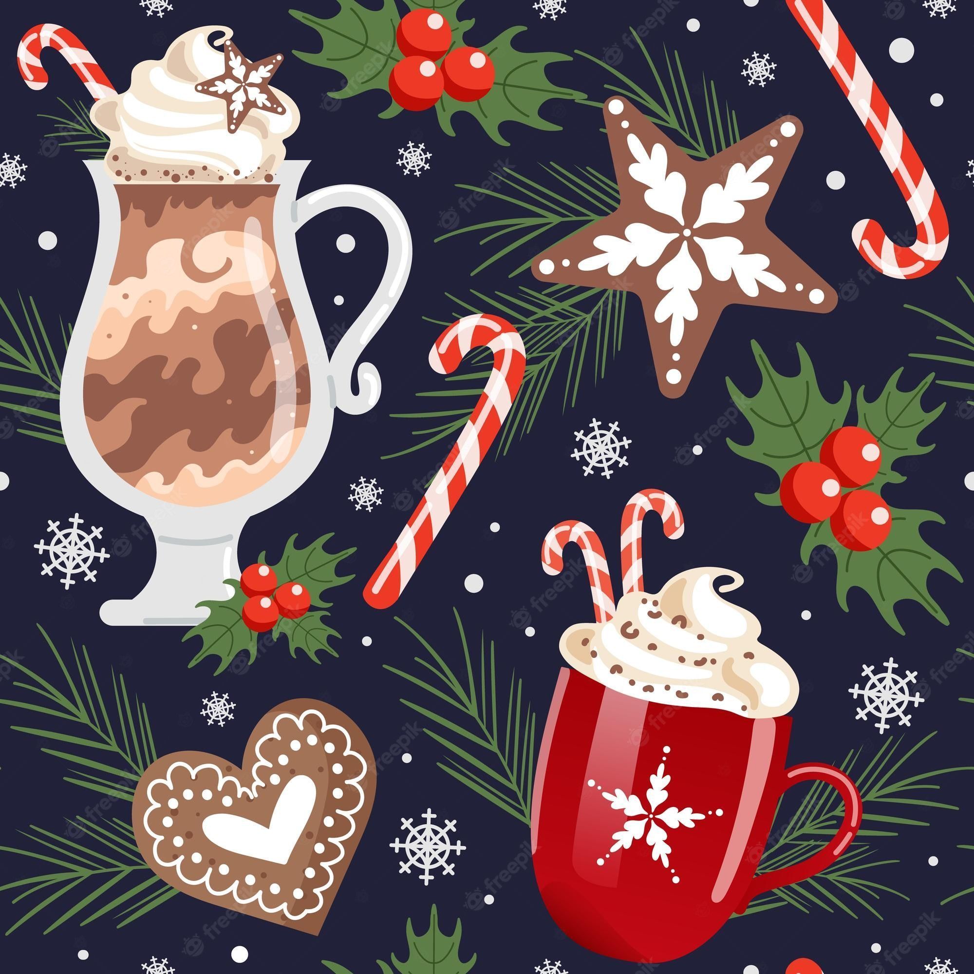 2000x2000 Premium Vector. Winter christmas drinks seamless pattern hot chocolate and whipped cream candy cane gingerbread in the form of snowflakes and hearts spruce and holly for food for cafe wallpaper fabric