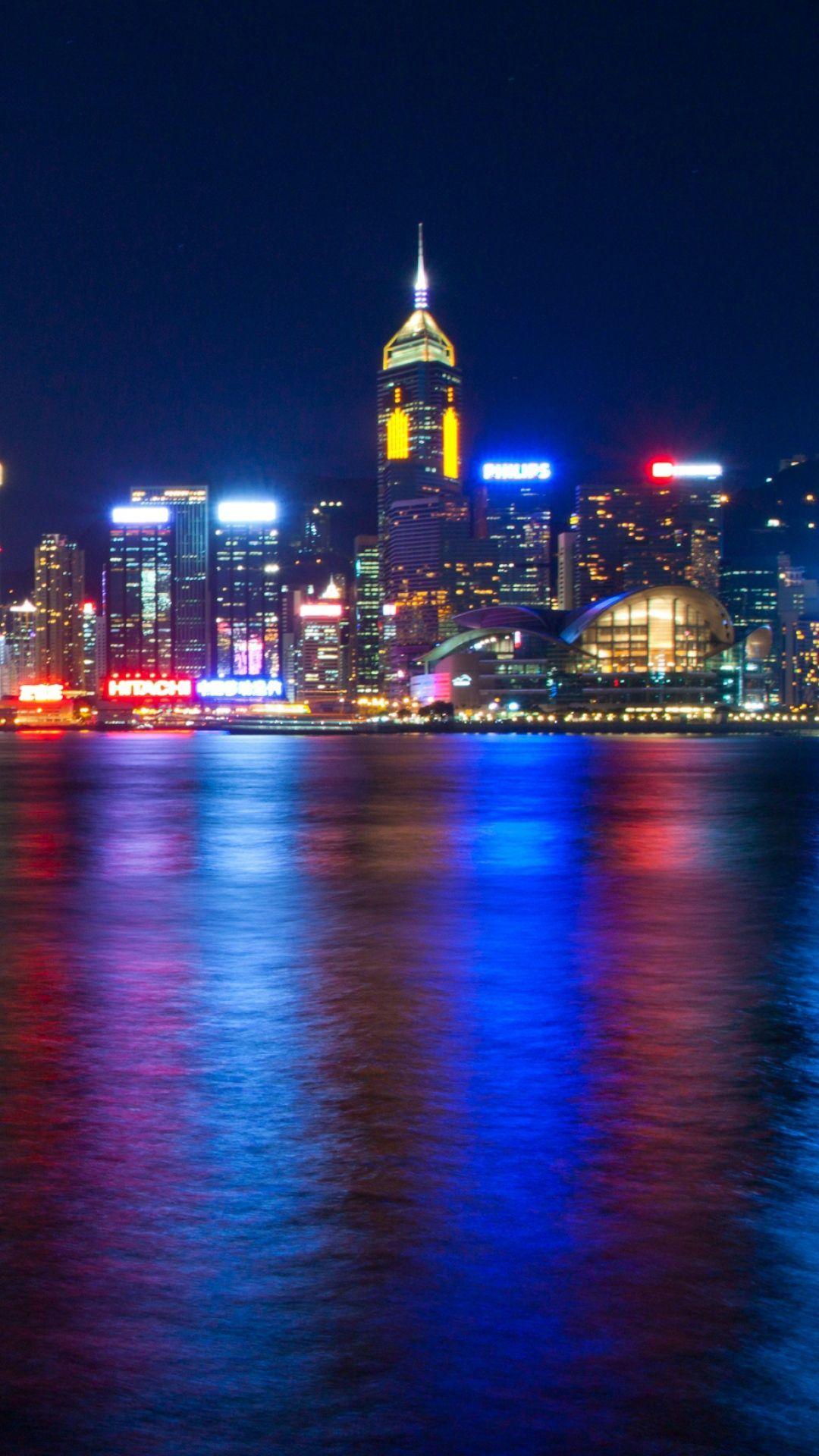 1080x1920 hong kong, victoria harbour, sea, night, lights, metropolis