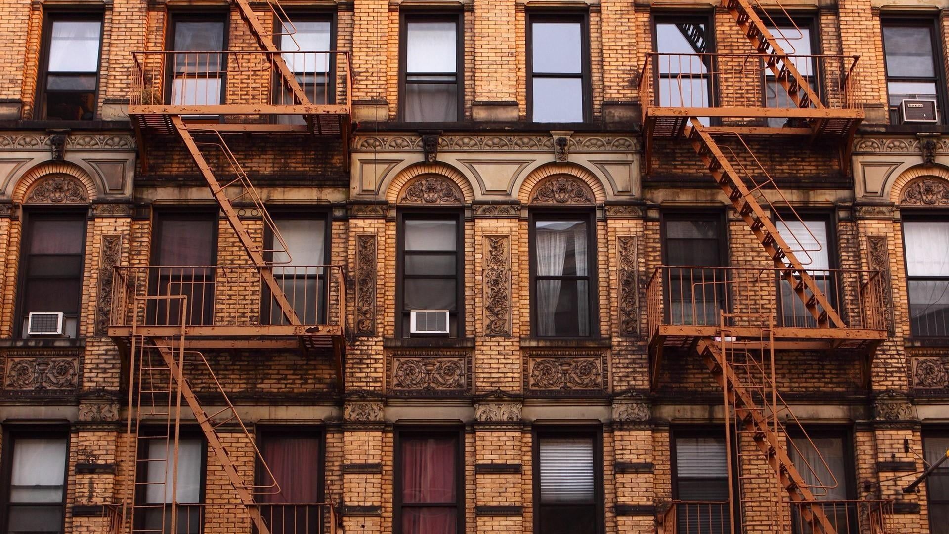 1920x1080 Wallpaper / day, nyc, background, residential district, balcony, wall, window, pattern, low angle view, facade, fire escape, building, ny, new york, vintage, brown free download