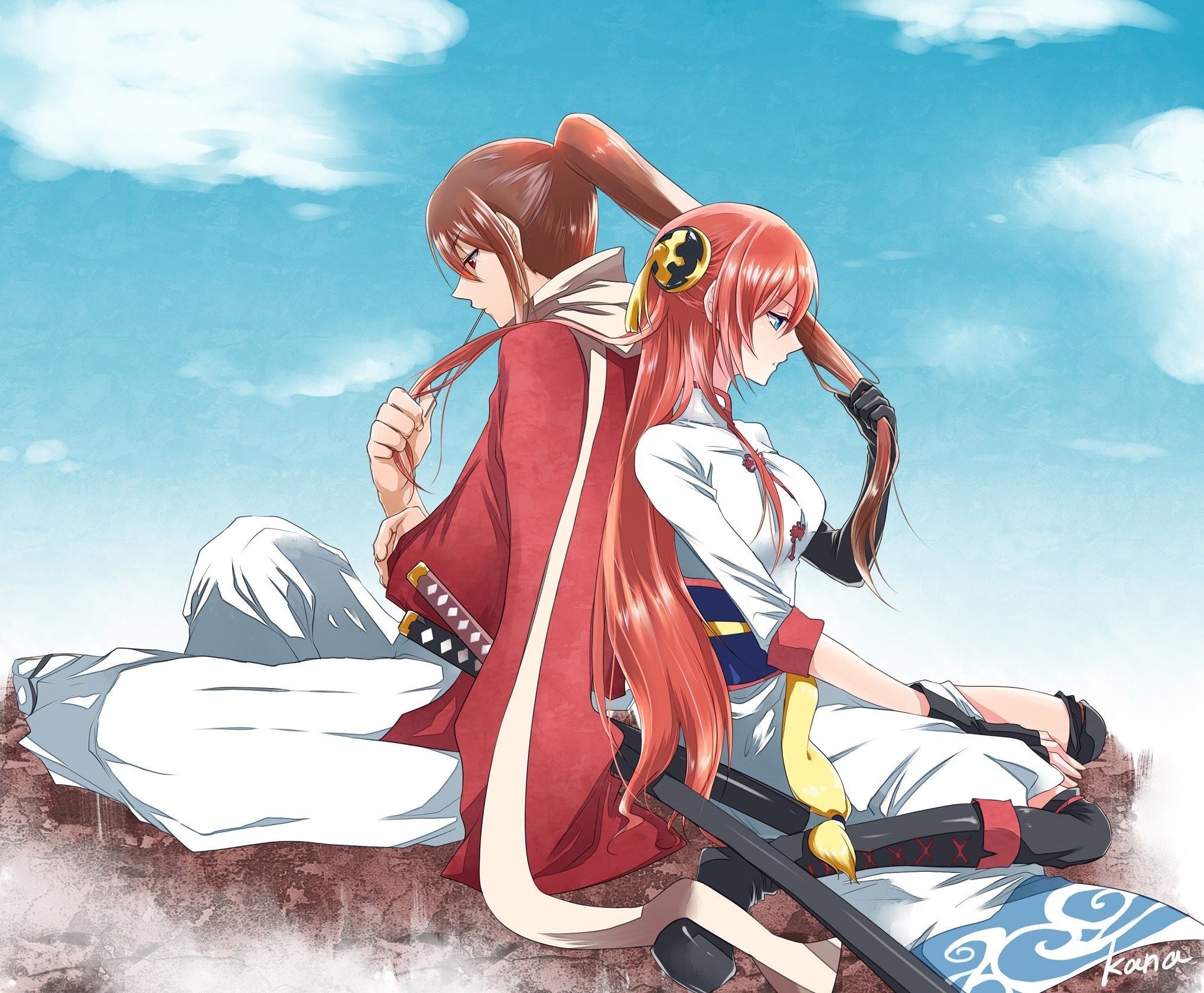 2038x1680 illustration, redhead, anime, anime girls, cartoon, Gintama, comics, Kagura, Okita Sougo Gallery HD Wallpaper