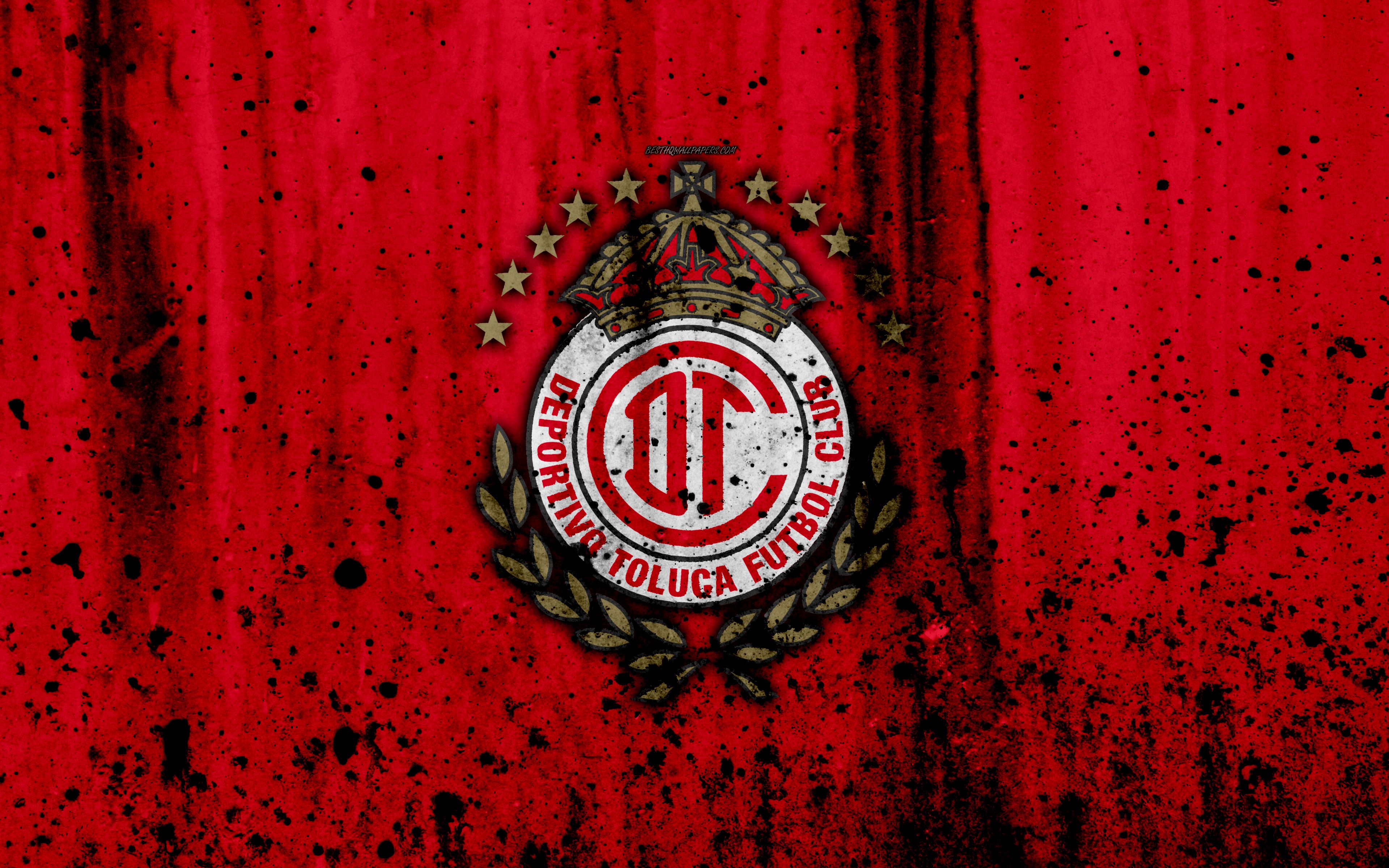 3840x2400 Download wallpaper Deportivo Toluca FC, 4k, grunge, stone texture, logo, emblem, Primera Division, Mexican football club, Toluca de Lerdo, Mexico for desktop with resolution 3840x2400. High Quality HD picture wallpaper