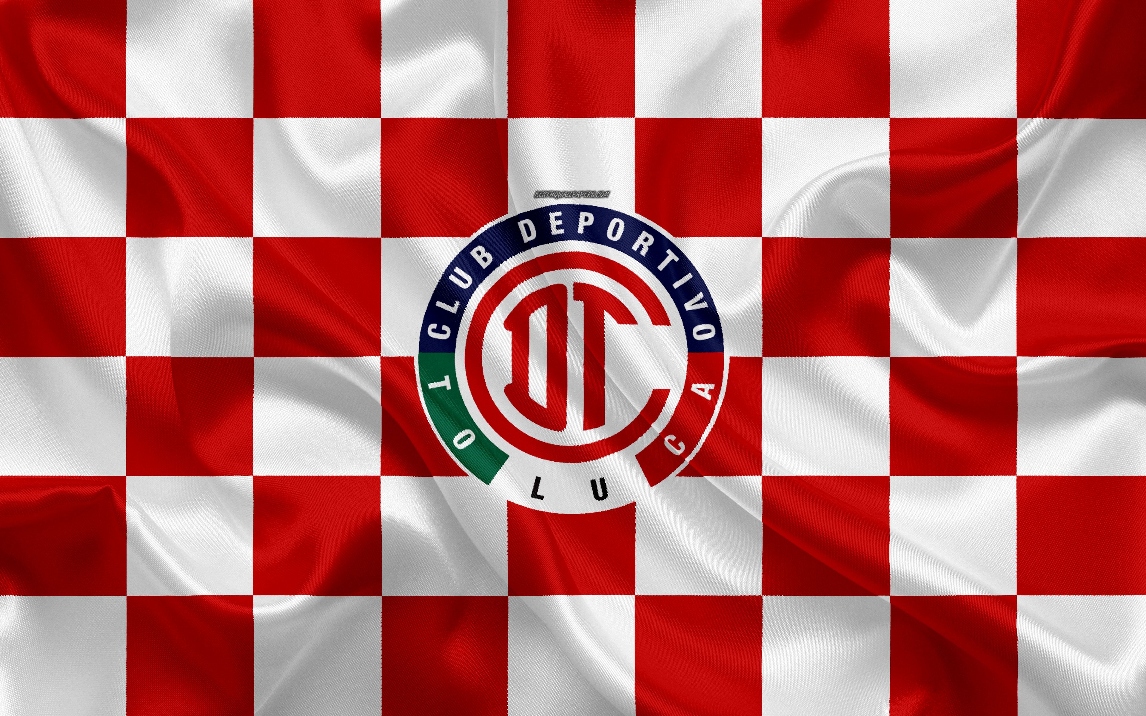3840x2400 Download wallpaper Deportivo Toluca FC, 4k, logo, creative art, red and white checkered flag, Mexican Football club, Primera Division, Liga MX, emblem, silk texture, Toluca de Lerdo, Mexico, football, Club Deportivo Toluca