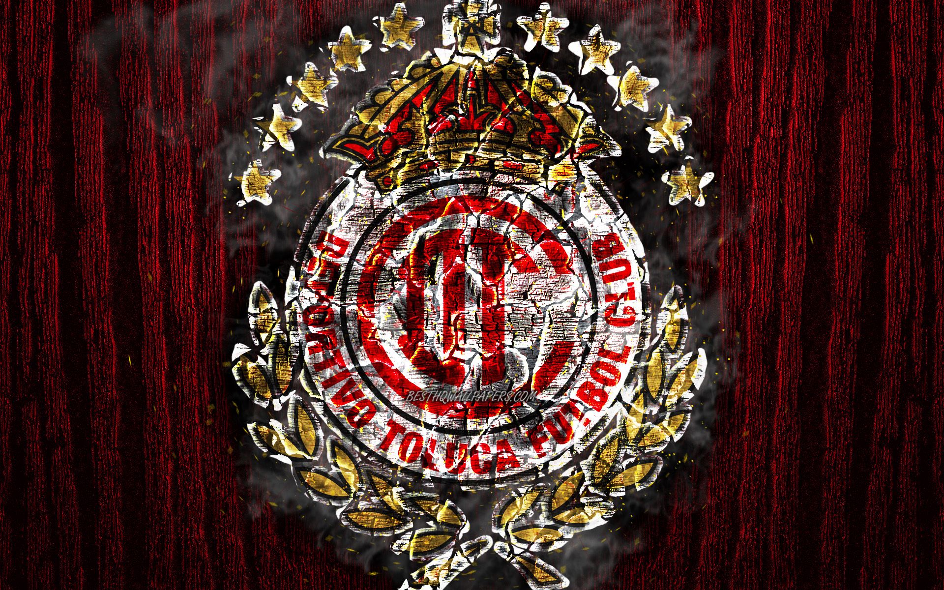 1920x1200 Download wallpaper Deportivo Toluca, scorched logo, Primera Division, red wooden background, Liga MX, Mexican football club, grunge, Toluca FC, football, soccer, Deportivo Toluca logo, fire texture, Mexiсo for desktop with resolution 1920x1200