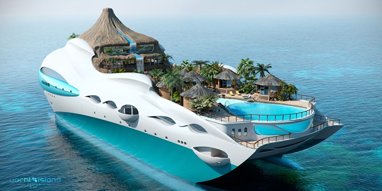 1280x640 Wallpaper Volcanoes Bungalow Superyacht, Futuristic, Yacht Island