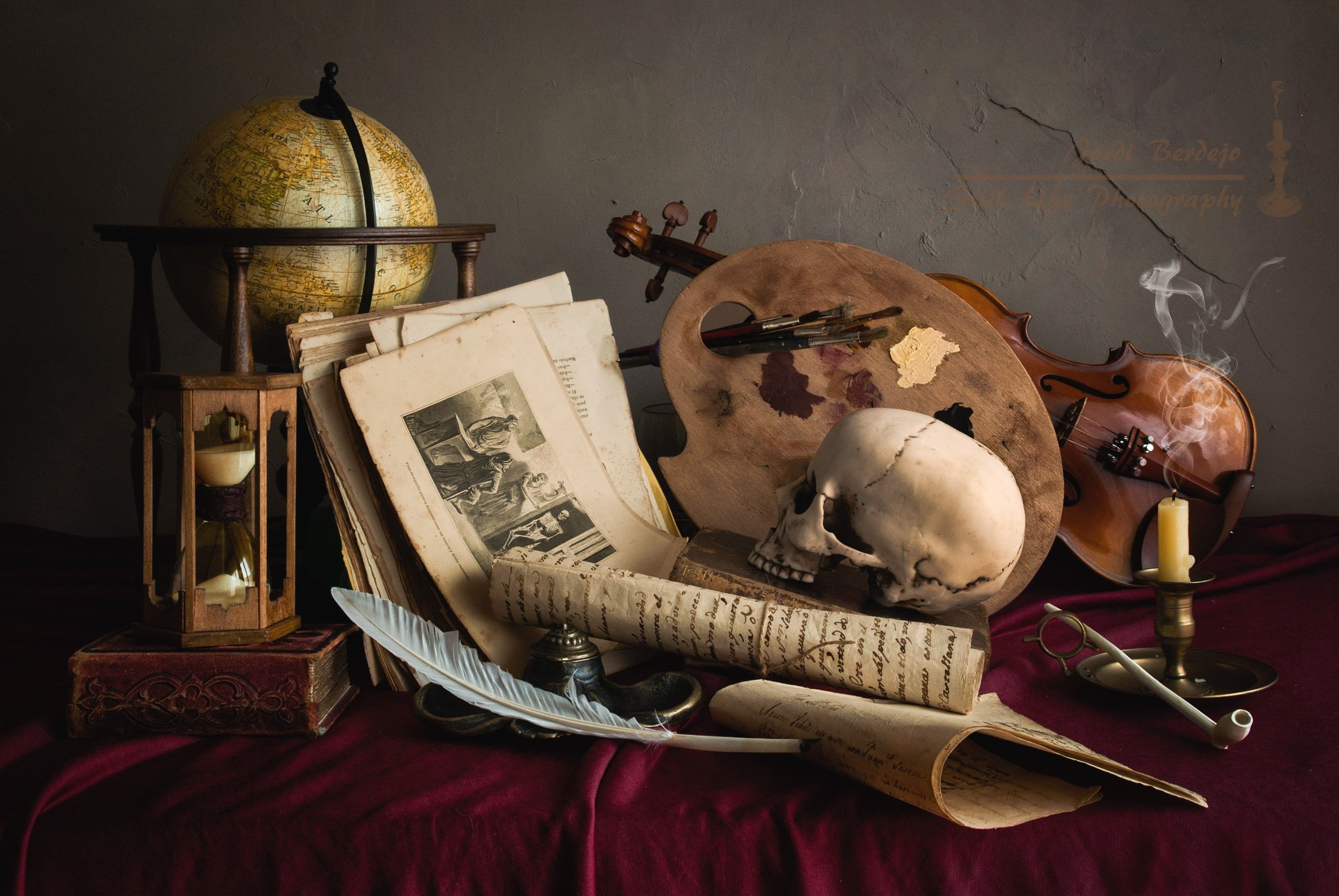3000x2008 Wallpaper / palette, pen, the manuscript, candle, 2K, still life, violin, globe, tube, skull, watch free download