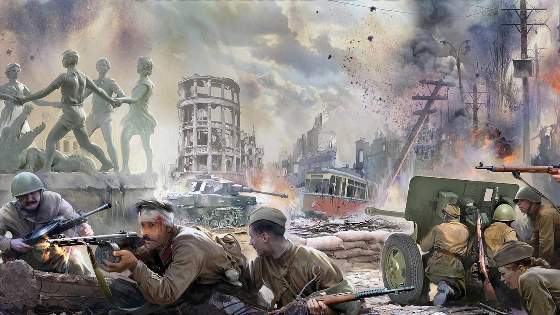 1920x1080 Wallpaper / 1080P, The red army, battle of the Second World war, The battle of Stalingrad, The battle in the city free download