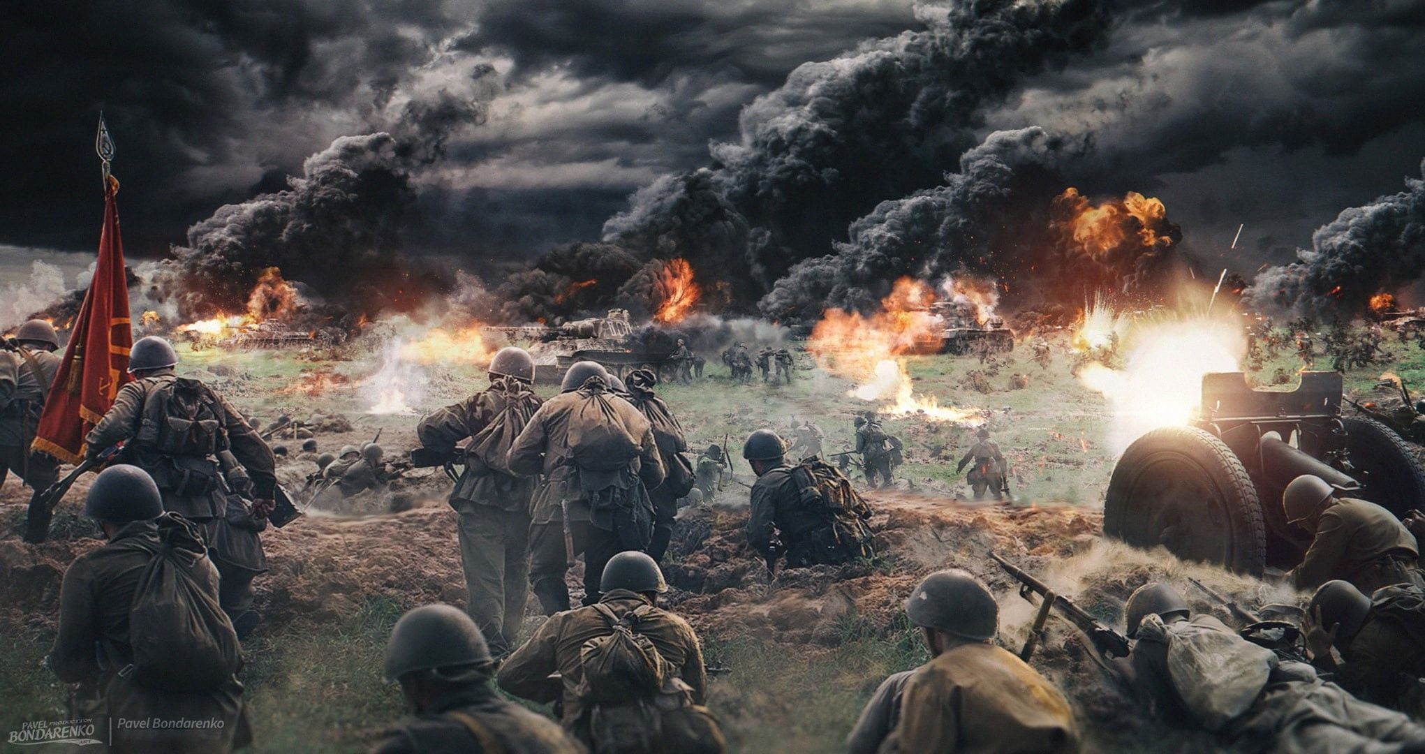 2041x1080 Wallpaper / tank, war, Battle of Stalingrad, USSR, Stalingrad, 1080P, fire, Pavel Bondarenko free download