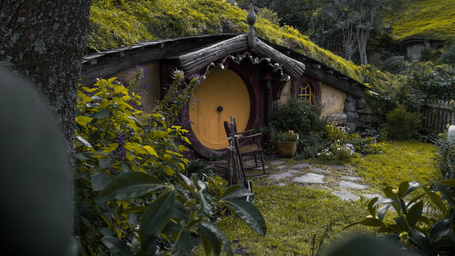 1920x1080 rocks, Hobbits, plants, door, flowers, New Zealand, fence, Bag End, Hobbiton, trees, grass, wood house Gallery HD Wallpaper