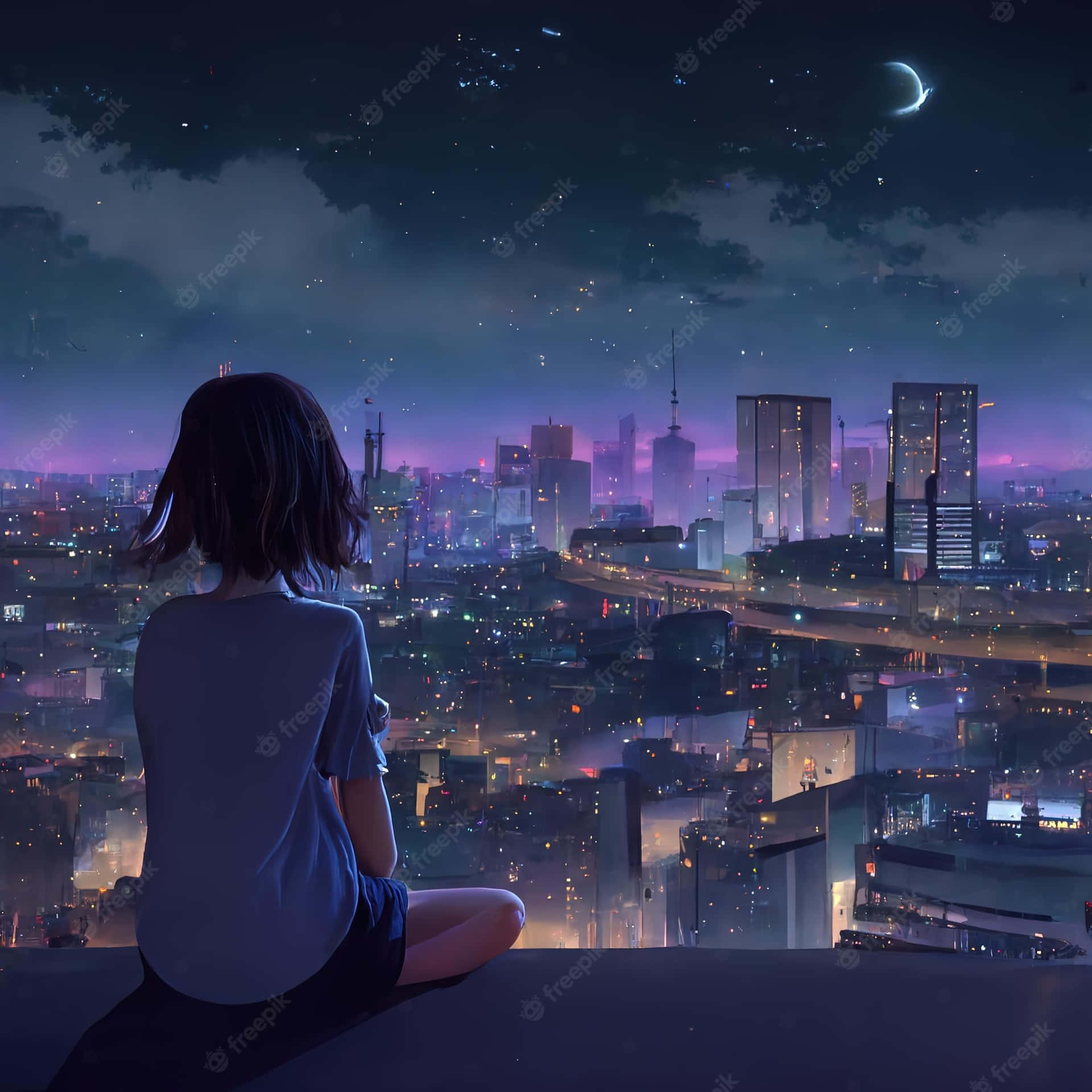 1920x1920 Download A Girl Looking Out Over The City At Night Wallpaper
