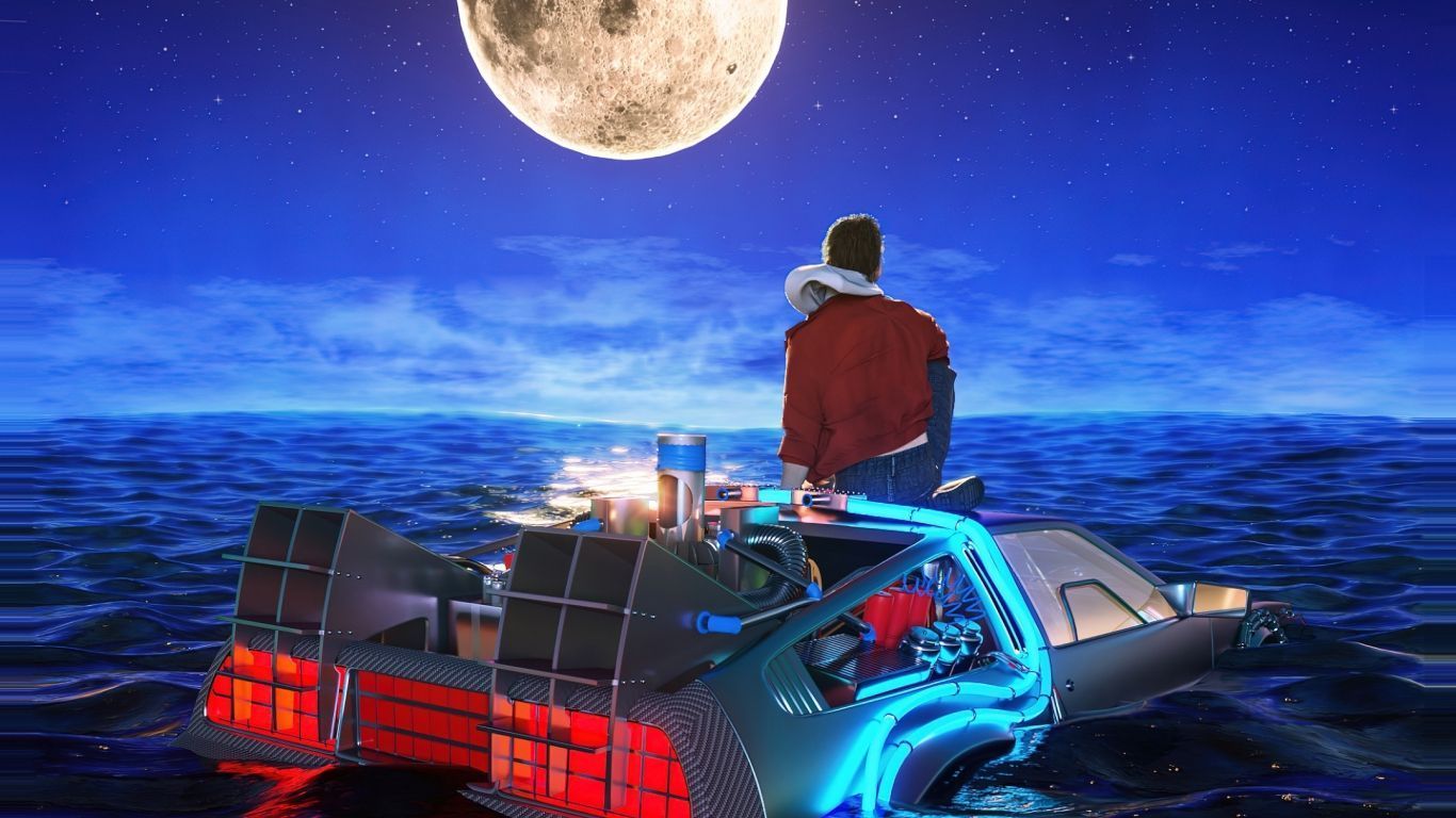 1366x768 DeLorean and chill night digital art wallpaper background