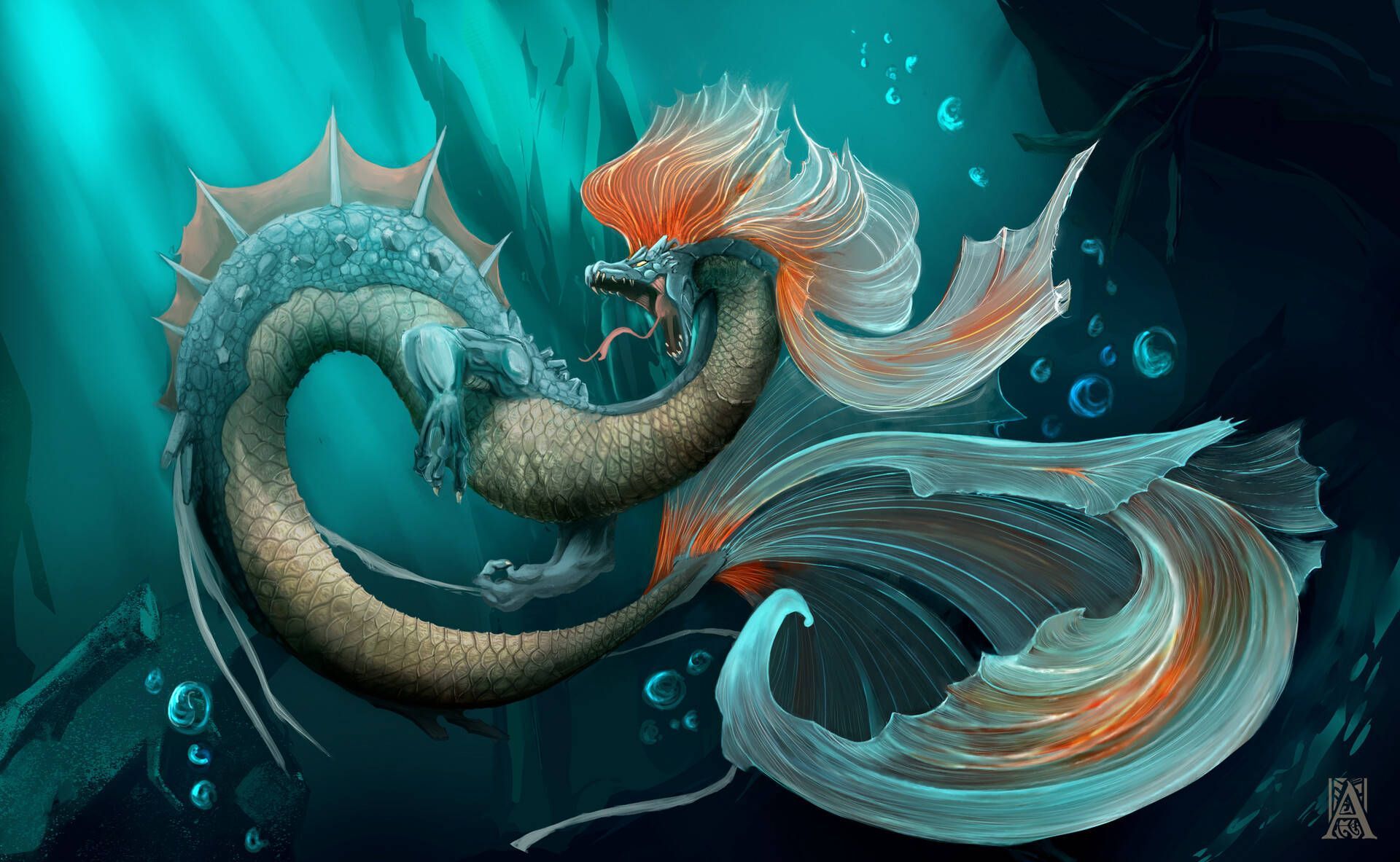 1920x1183 Download Green Water Snake Dragon Big Fins Wallpaper