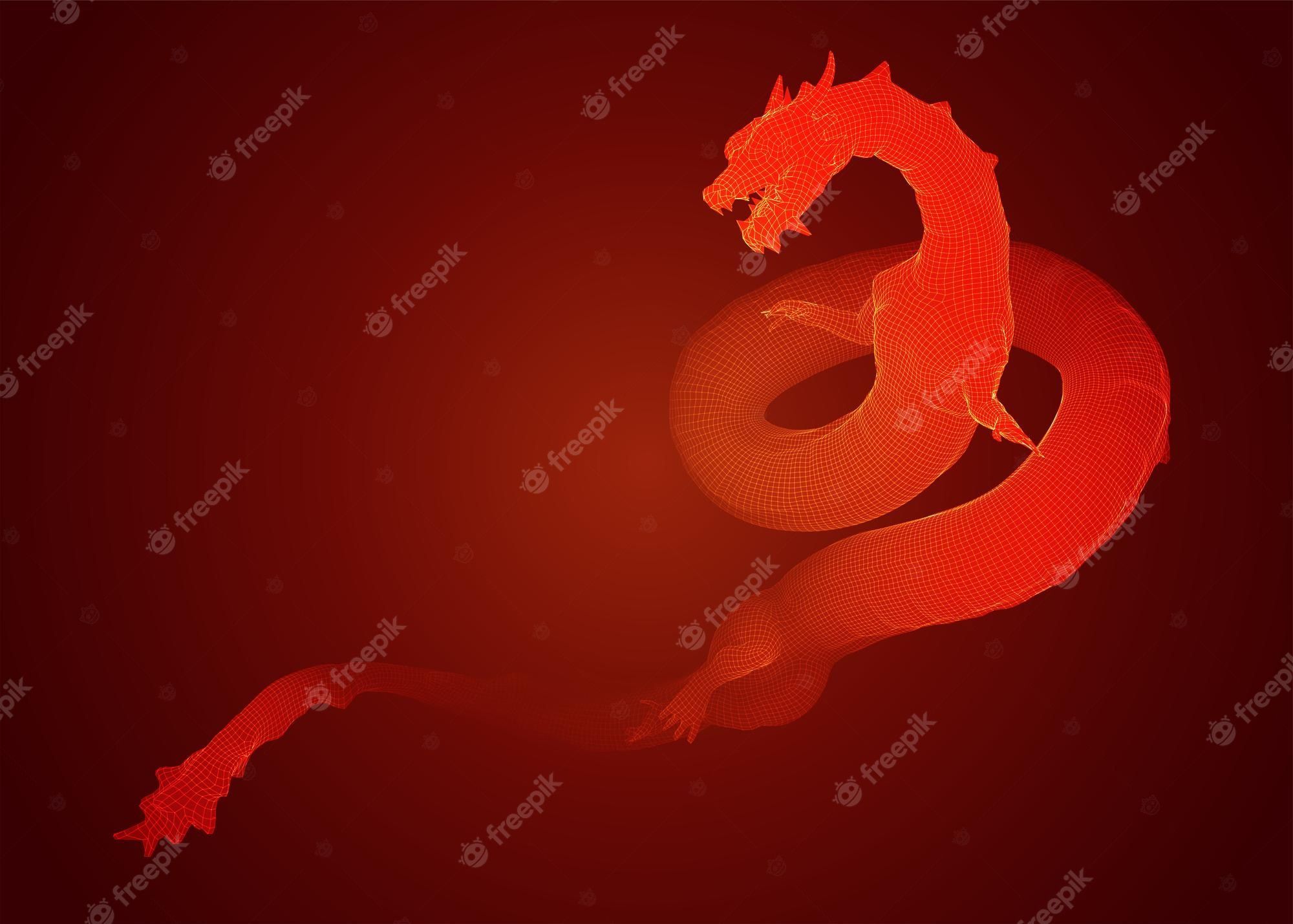 2000x1429 Premium Vector. Vector long dragon snake on red background in 3D polygon style