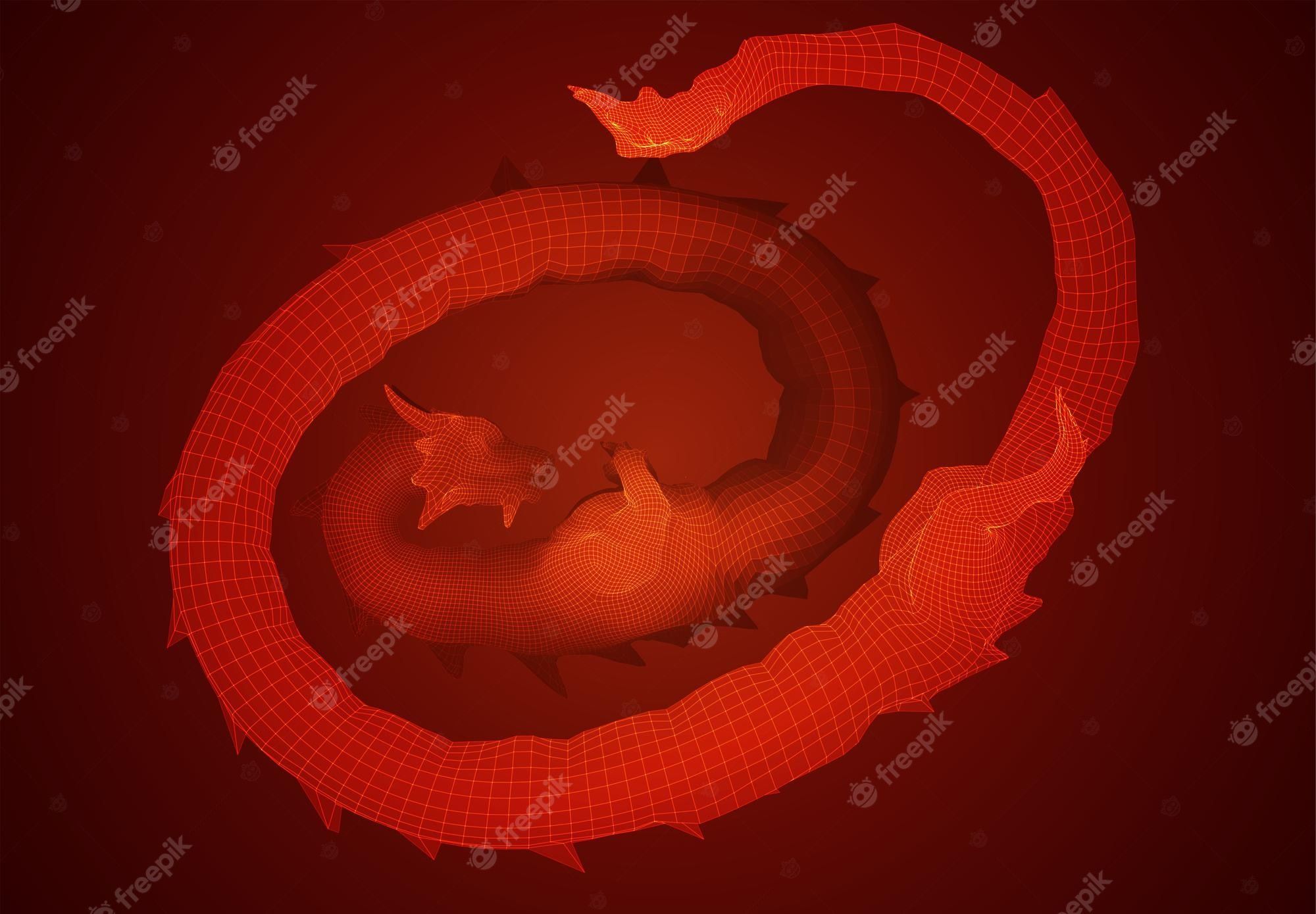 2000x1390 Premium Vector. Vector long dragon snake on red background in 3D polygon style