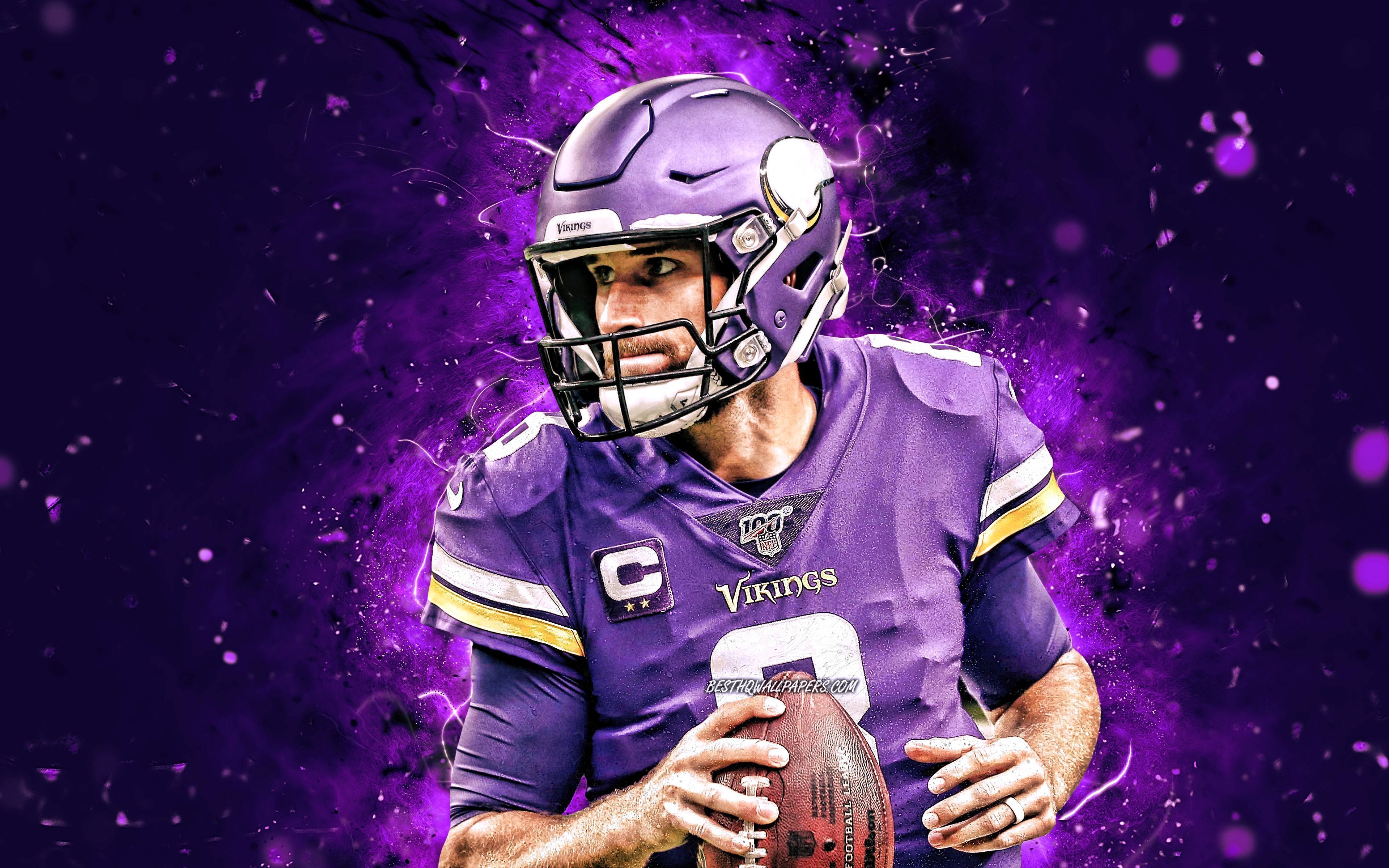 3840x2400 Download wallpaper Kirk Cousins, 4k, quarterback, Minnesota Vikings, american football, NFL, Kirk Daniel Cousins, National Football League, neon lights, Kirk Cousins Minnesota Vikings, Kirk Cousins 4K for desktop with resolution 3840x2400