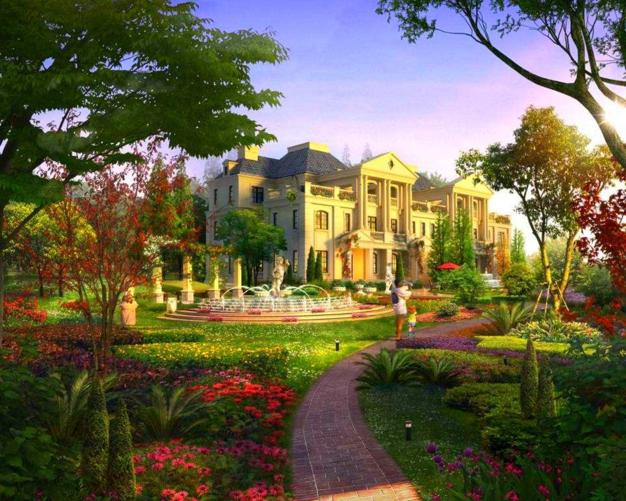 1280x1024 Houses: French Villa Sy Trees Garden Architecture Cool Wallpaper